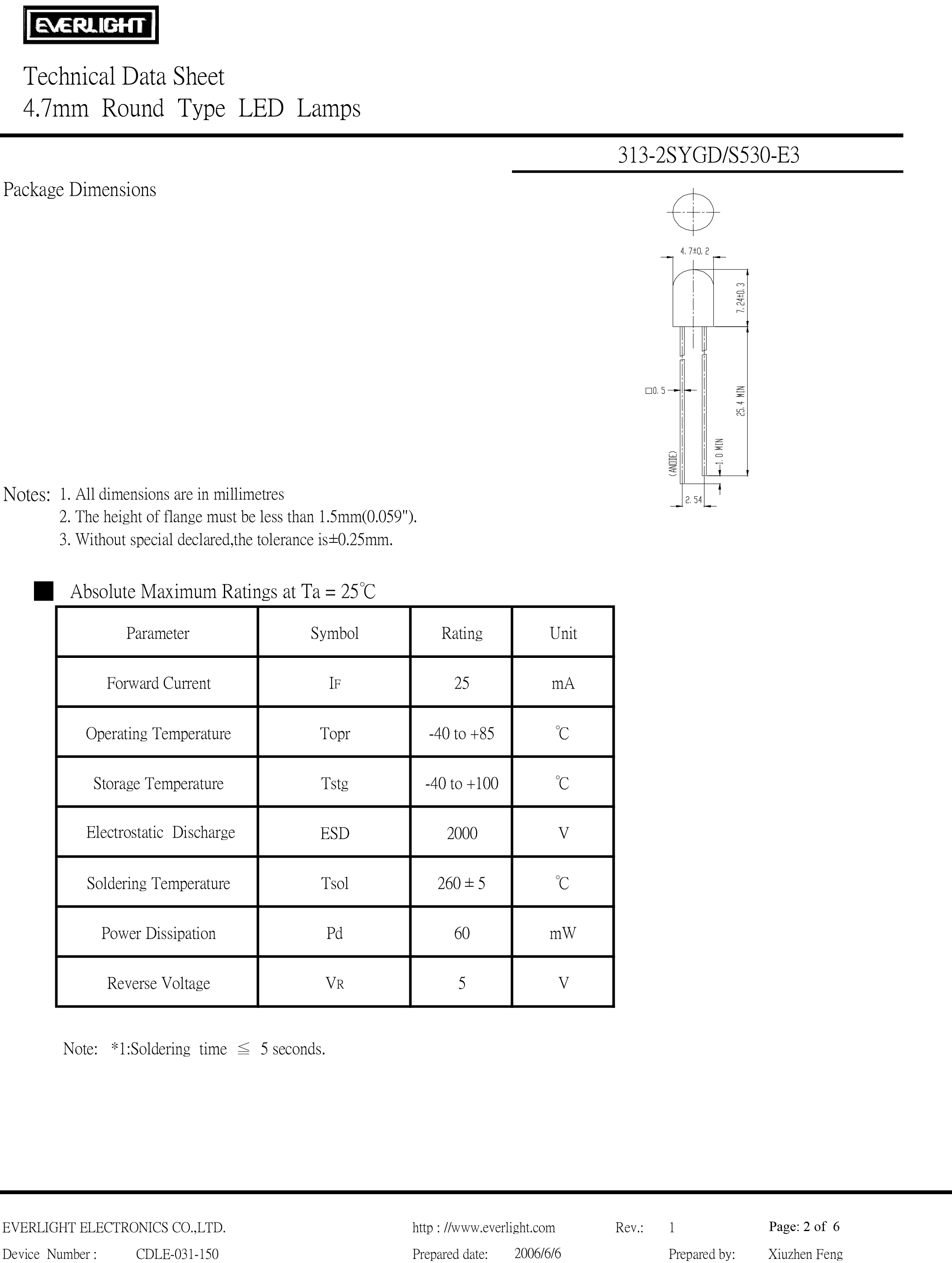 亿光直插5mm发光二级管313-2SYGD-S530-E3规格书PDF