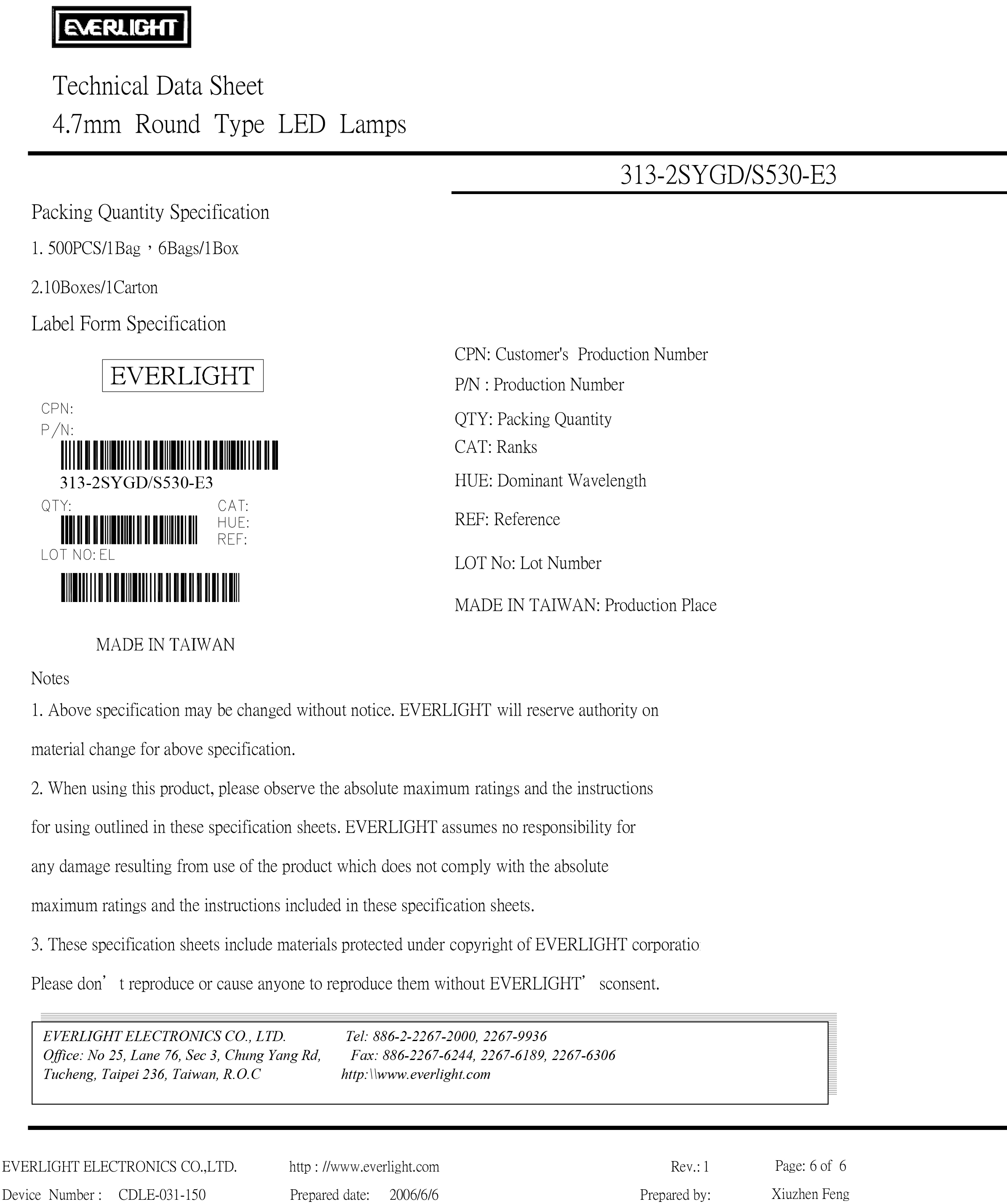 亿光直插5mm发光二级管313-2SYGD-S530-E3规格书PDF