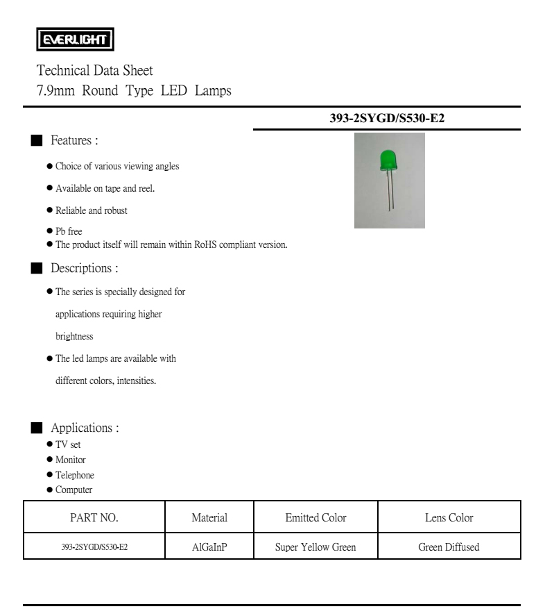亿光直插8mm发光二级管393-2SYGD/S530-E2规格书PDF