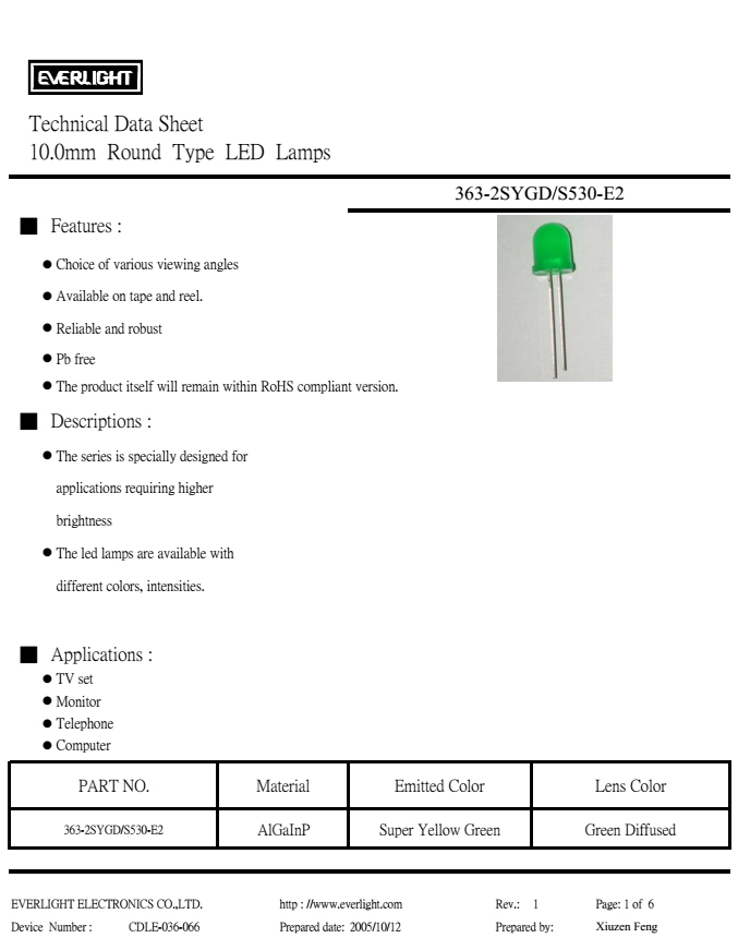 亿光直插10mm发光二级管363-2SYGD-S530-E2规格书PDF（数据表）