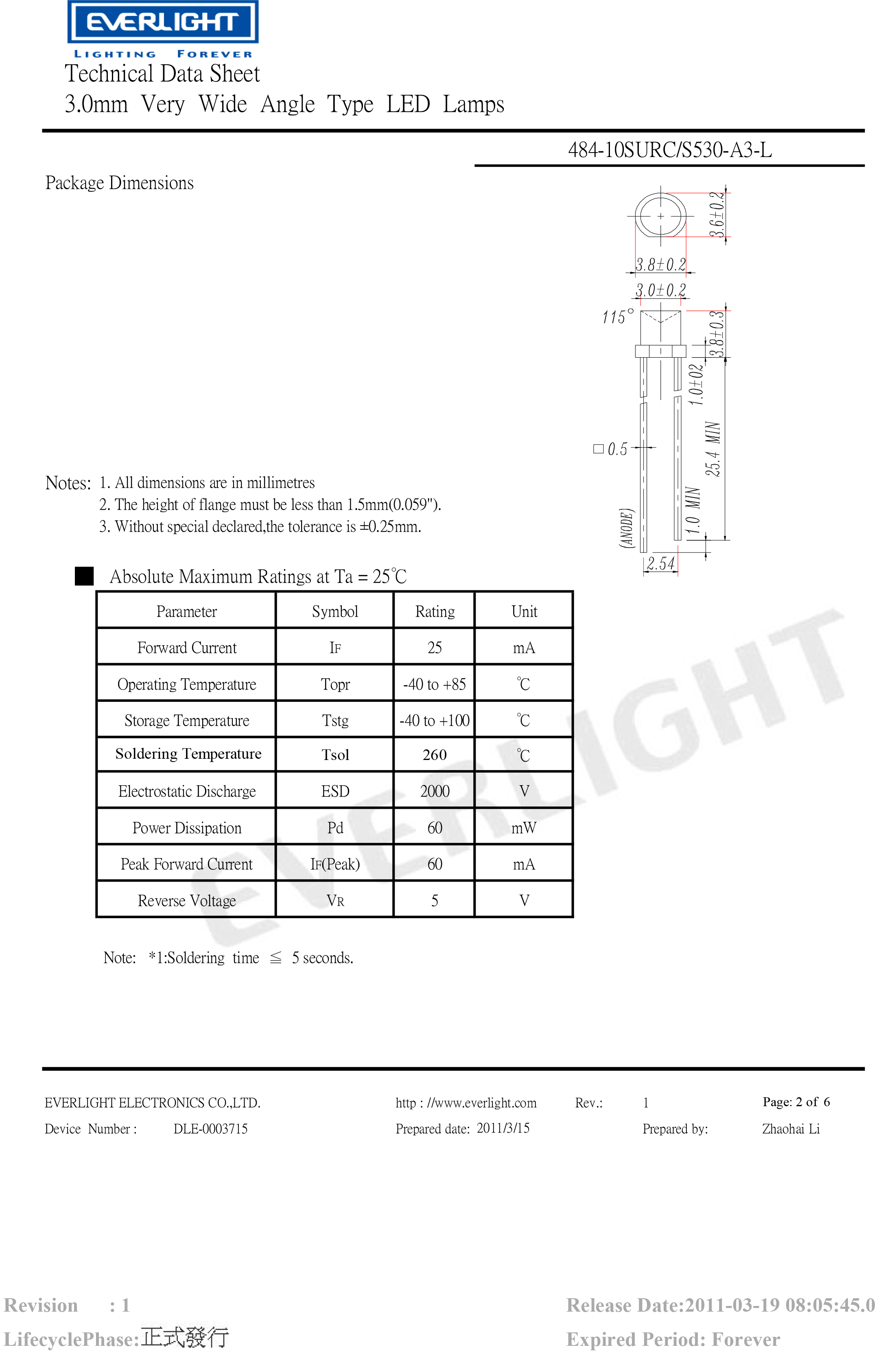 亿光3mm直插发光二级管484-10SURC/S530-A3-L规格书PDF数据表