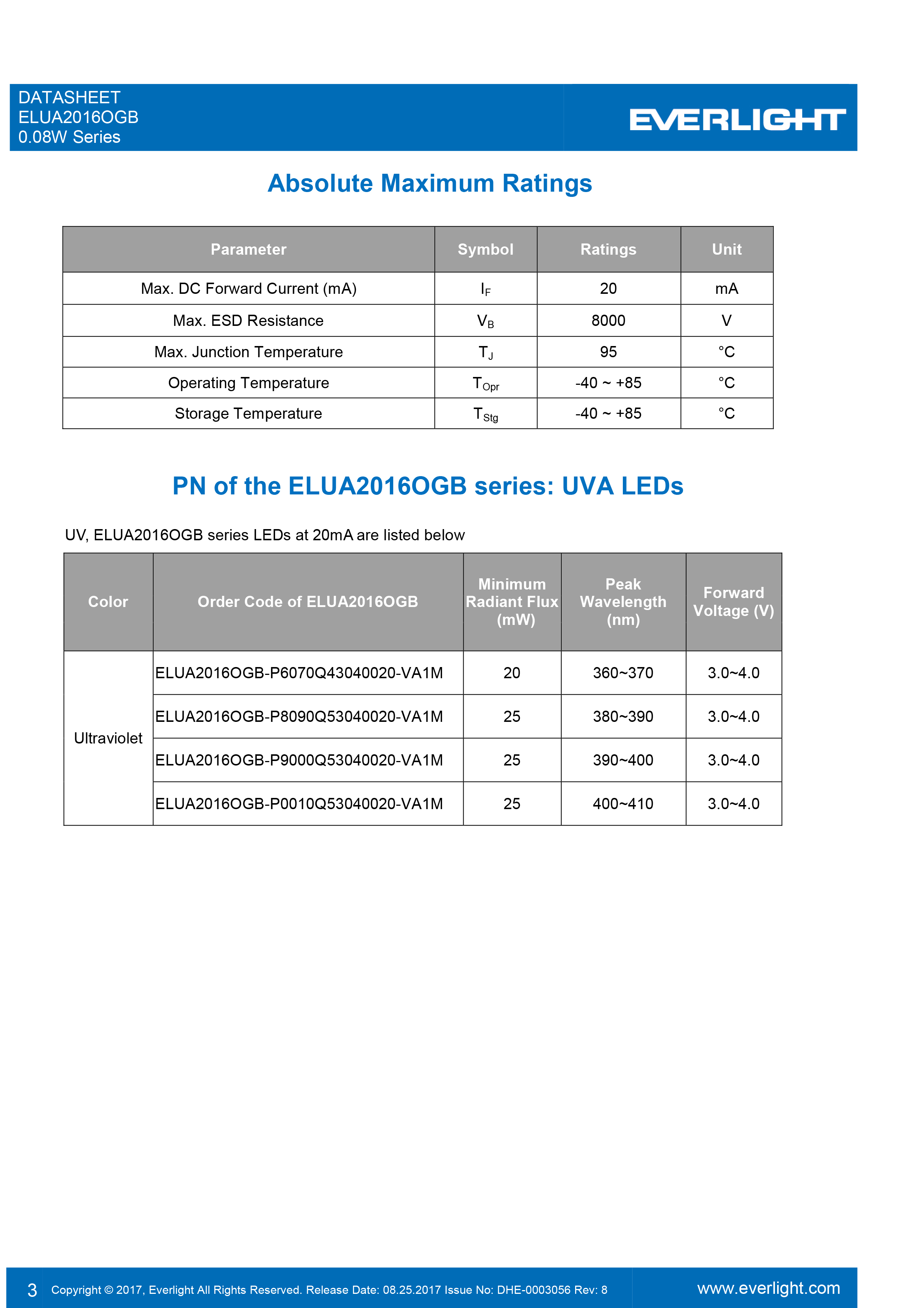 亿光 2016封装 0.08W UVA 紫光LED灯珠规格书PDF（数据表）
