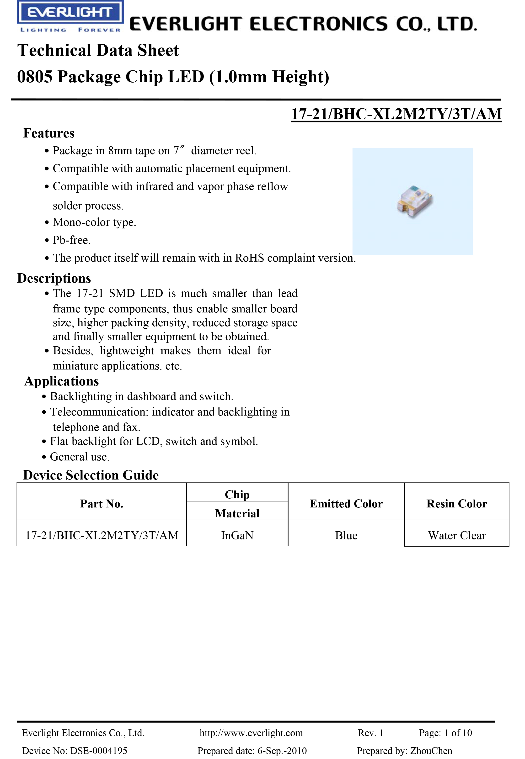 亿光贴片0805汽车专用灯17-21/BHC-XL2M2TY/3T-AM规格书PDF 数据表