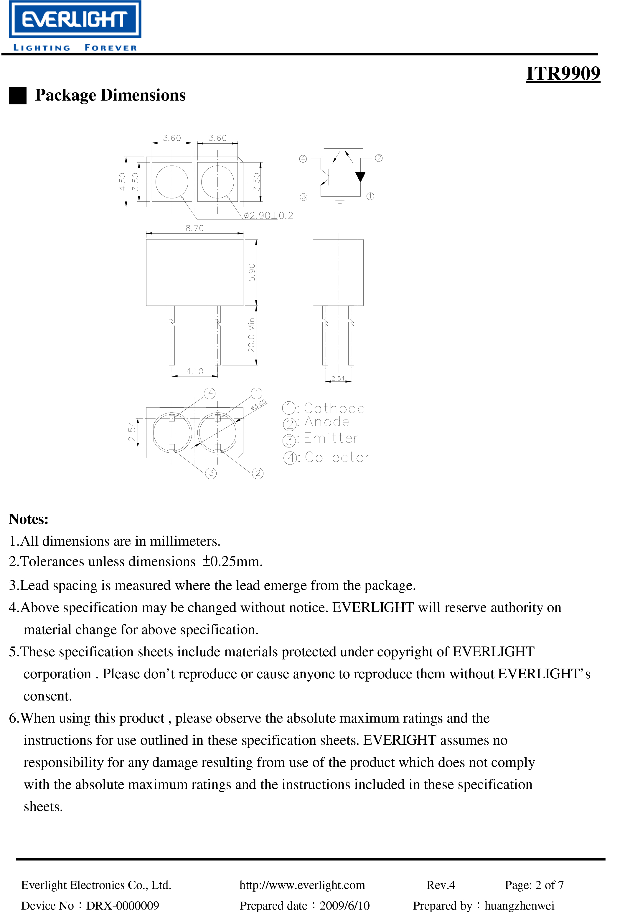 亿光反射式光电开关ITR9909光电传感器参数及规格书(PDF 数据表)