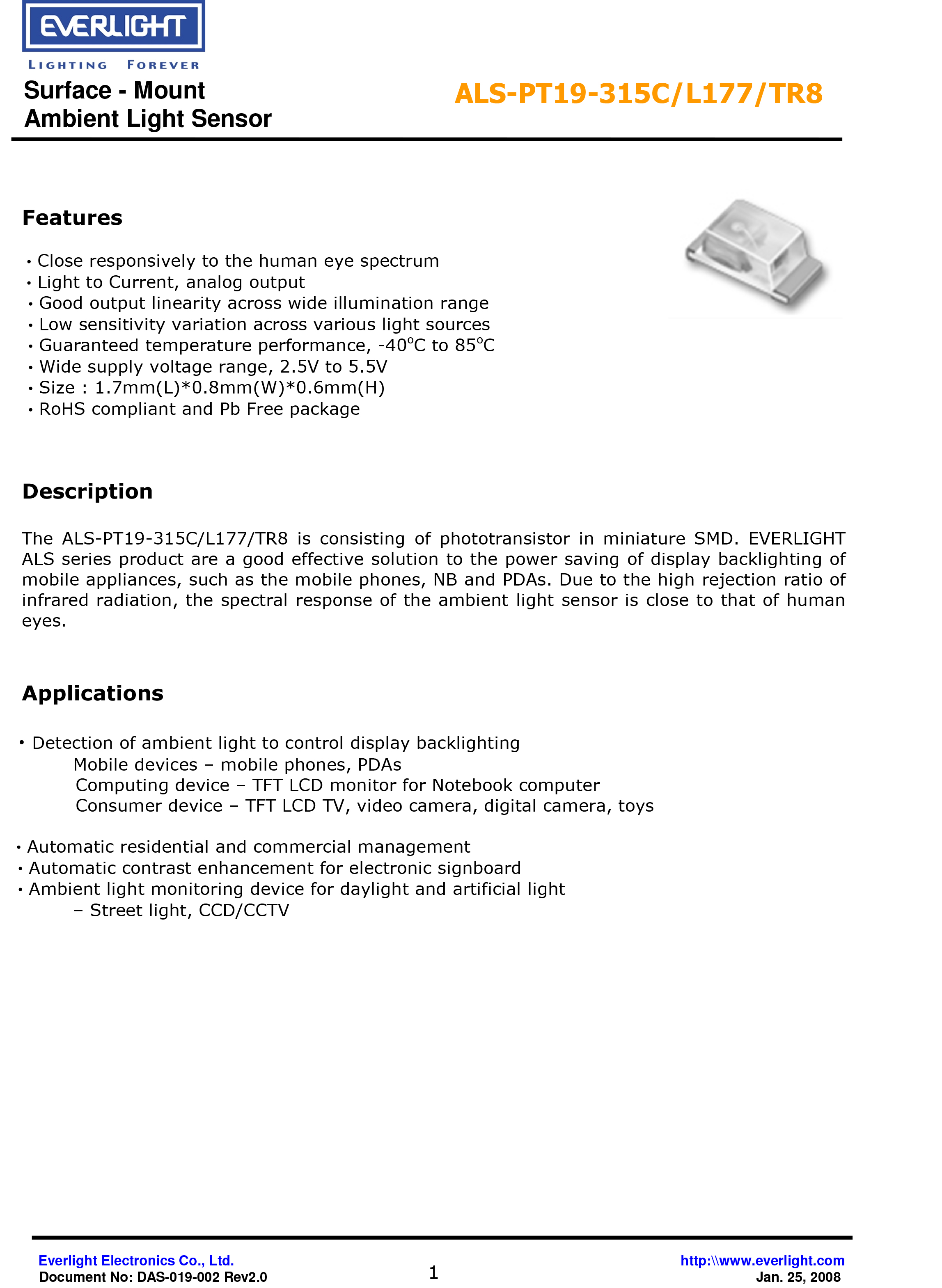 亿光0603环境光传感器ALS-PT19-315C/L177/TR8规格书数据表PDF