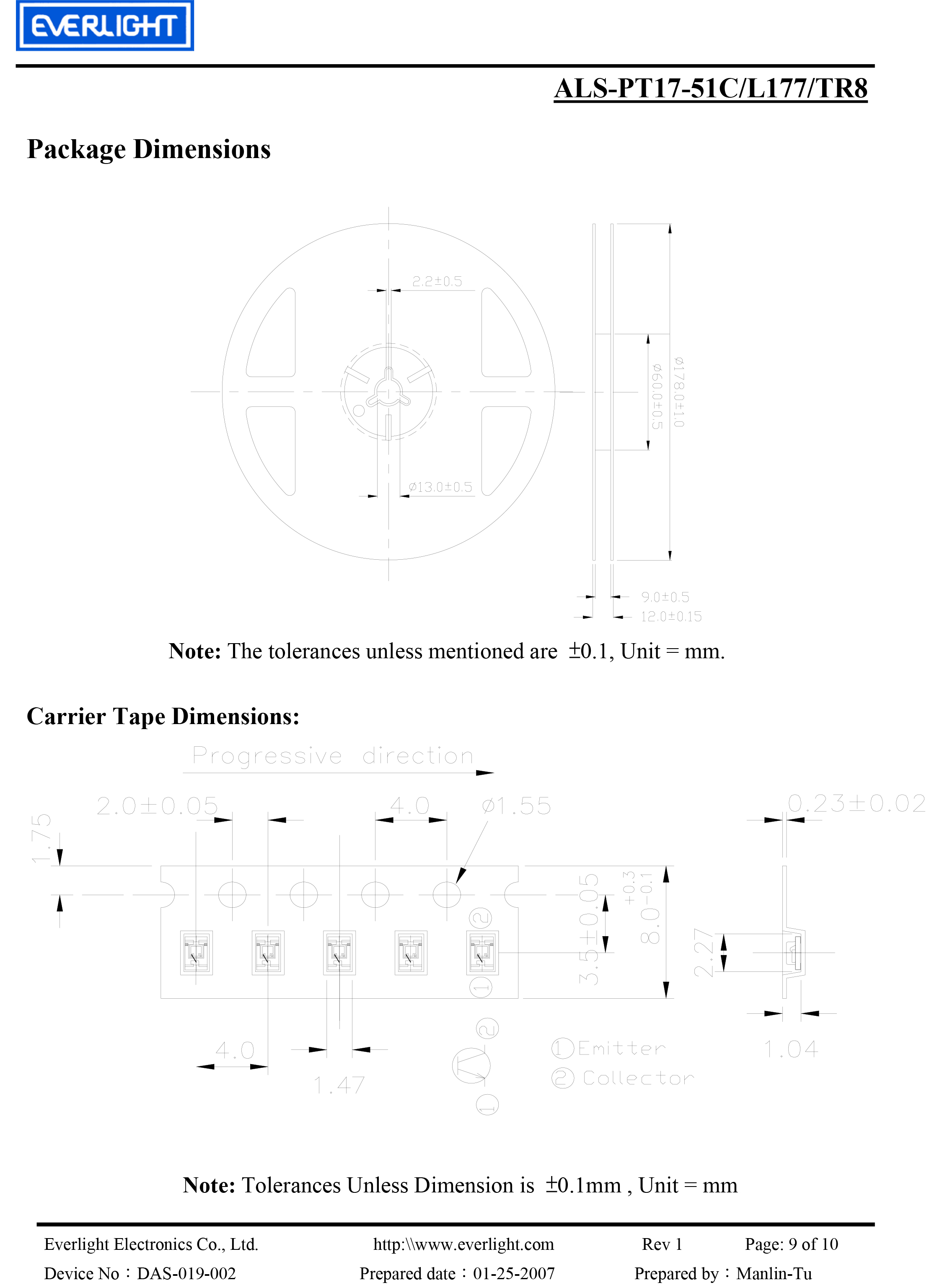 亿光贴片0805环境光传感器ALS-PT17-51C/L177/TR8规格书PDF数据表