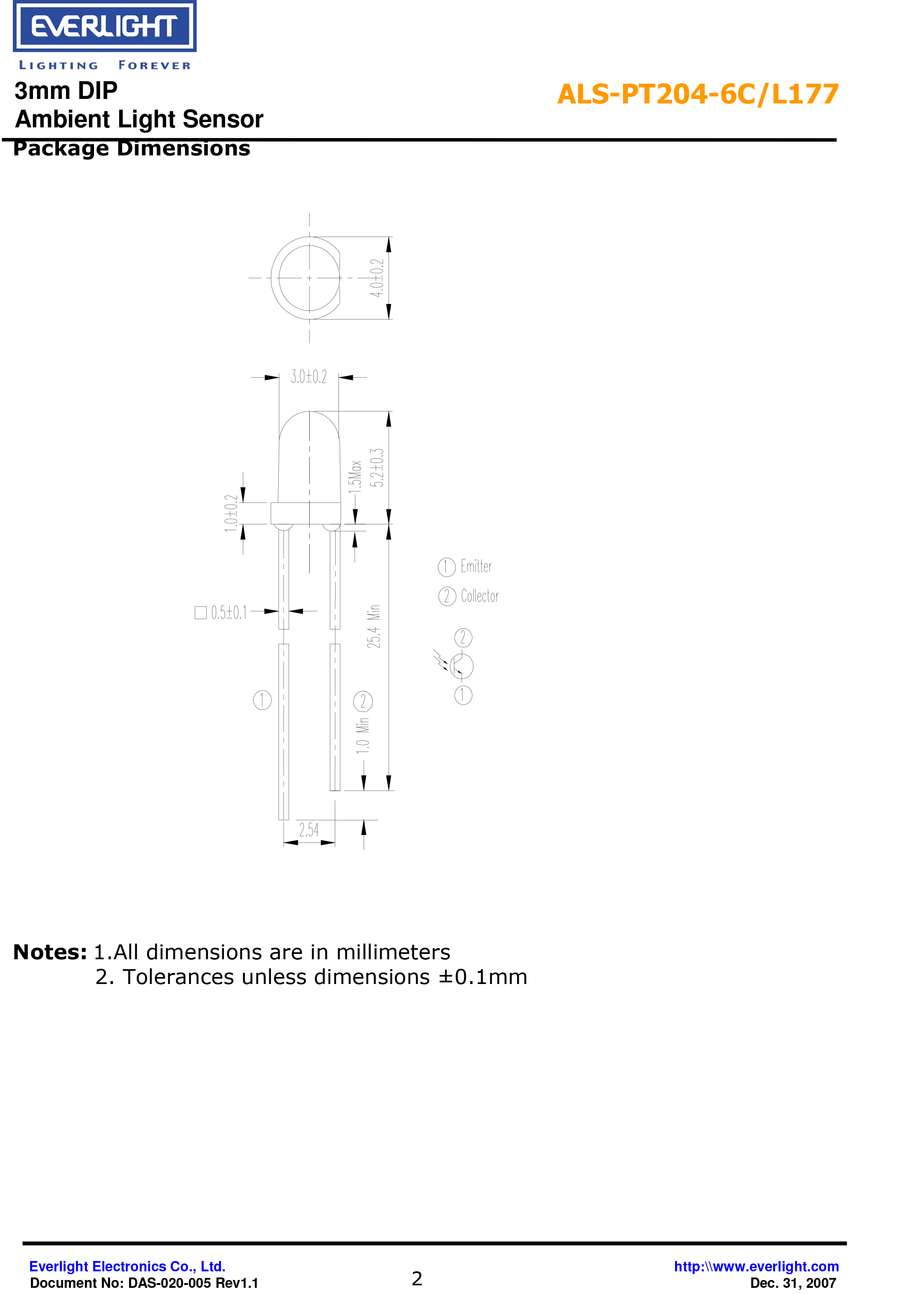 亿光直插3mm环境光传感器ALS-PT204-6C-L177规格书（数据表PDF）