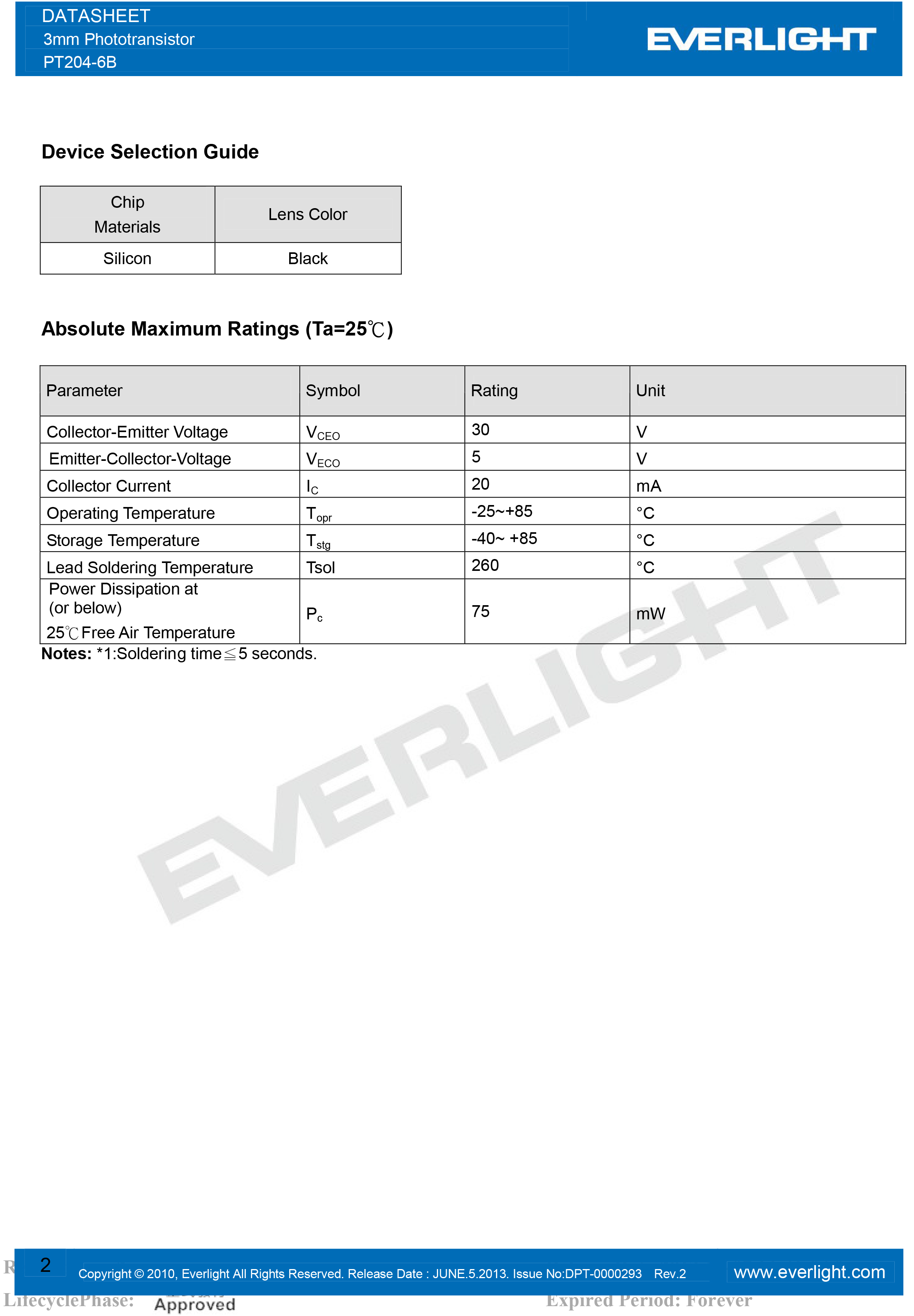 亿光直插3mm接收管PT204-6B规格书PDF