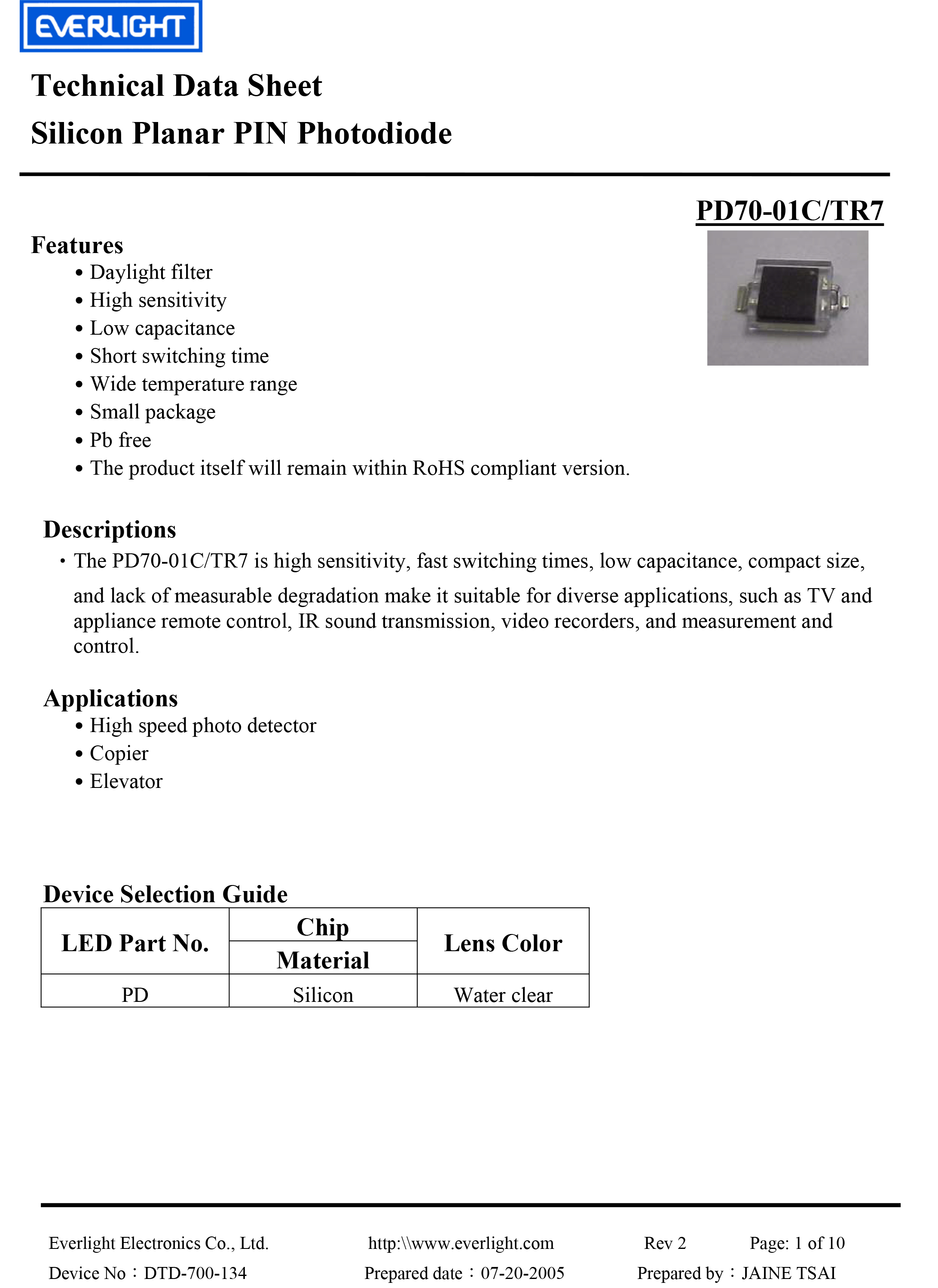 亿光贴片红外接收管PD70-01C/TR7规格书PDF