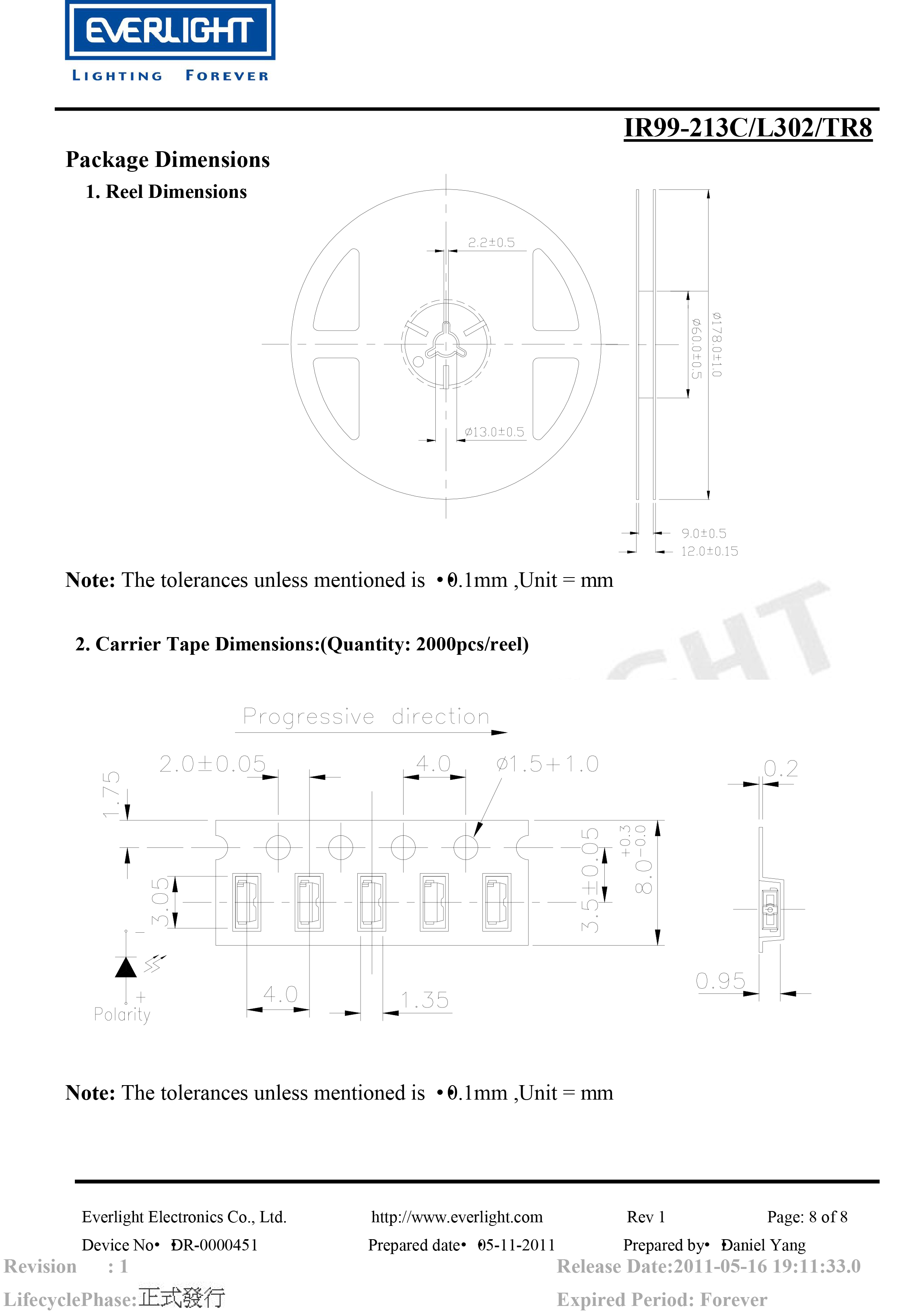 亿光贴片020红外发射管IR99-213C/L302/TR8规格书PDF