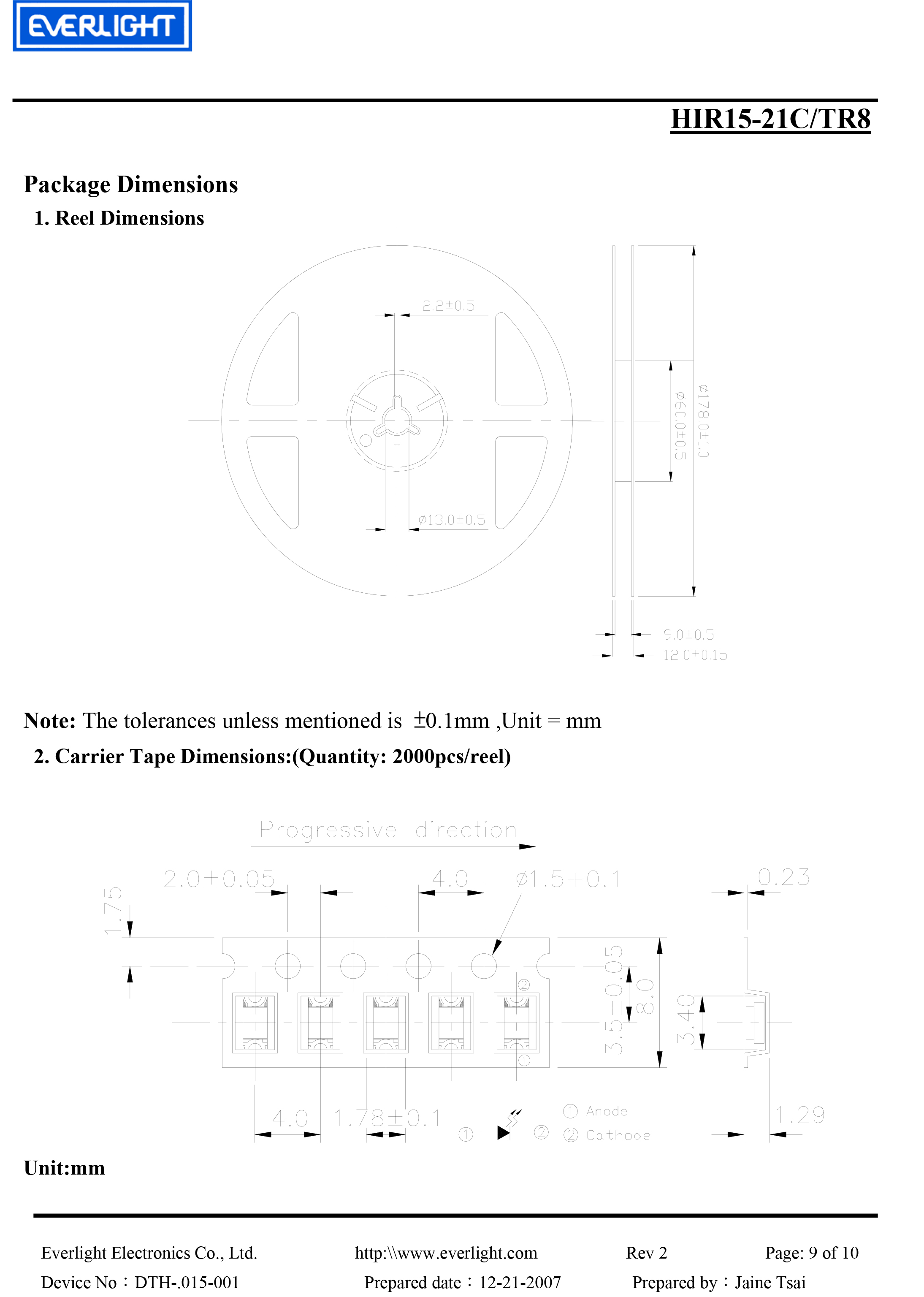 亿光贴片1206红外发射管HIR15-21C/TR8规格书PDF