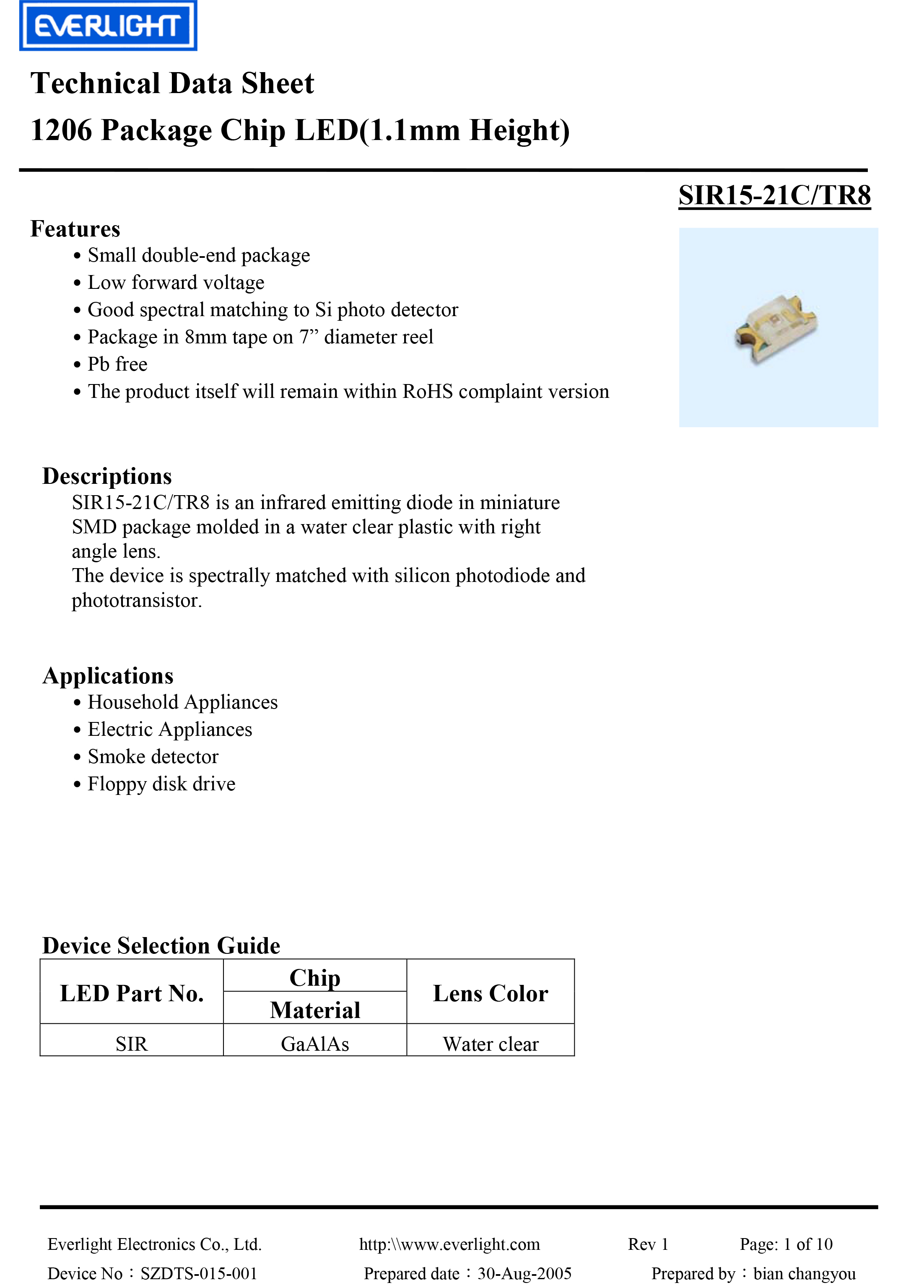 亿光贴片1206红外发射管SIR15-21C/TR8规格书PDF