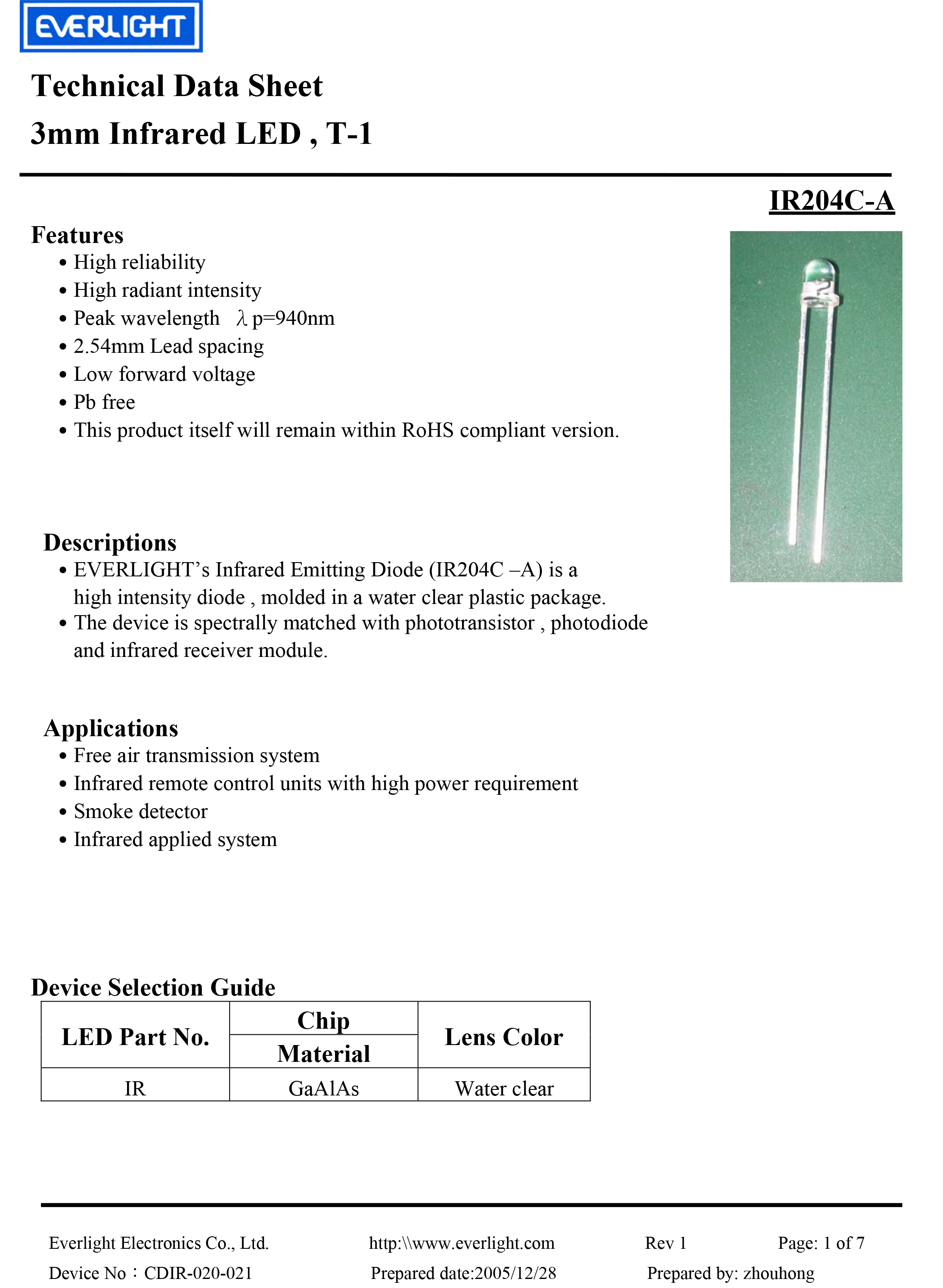 亿光3mm直插红外发射管IR204C-A规格书PDF