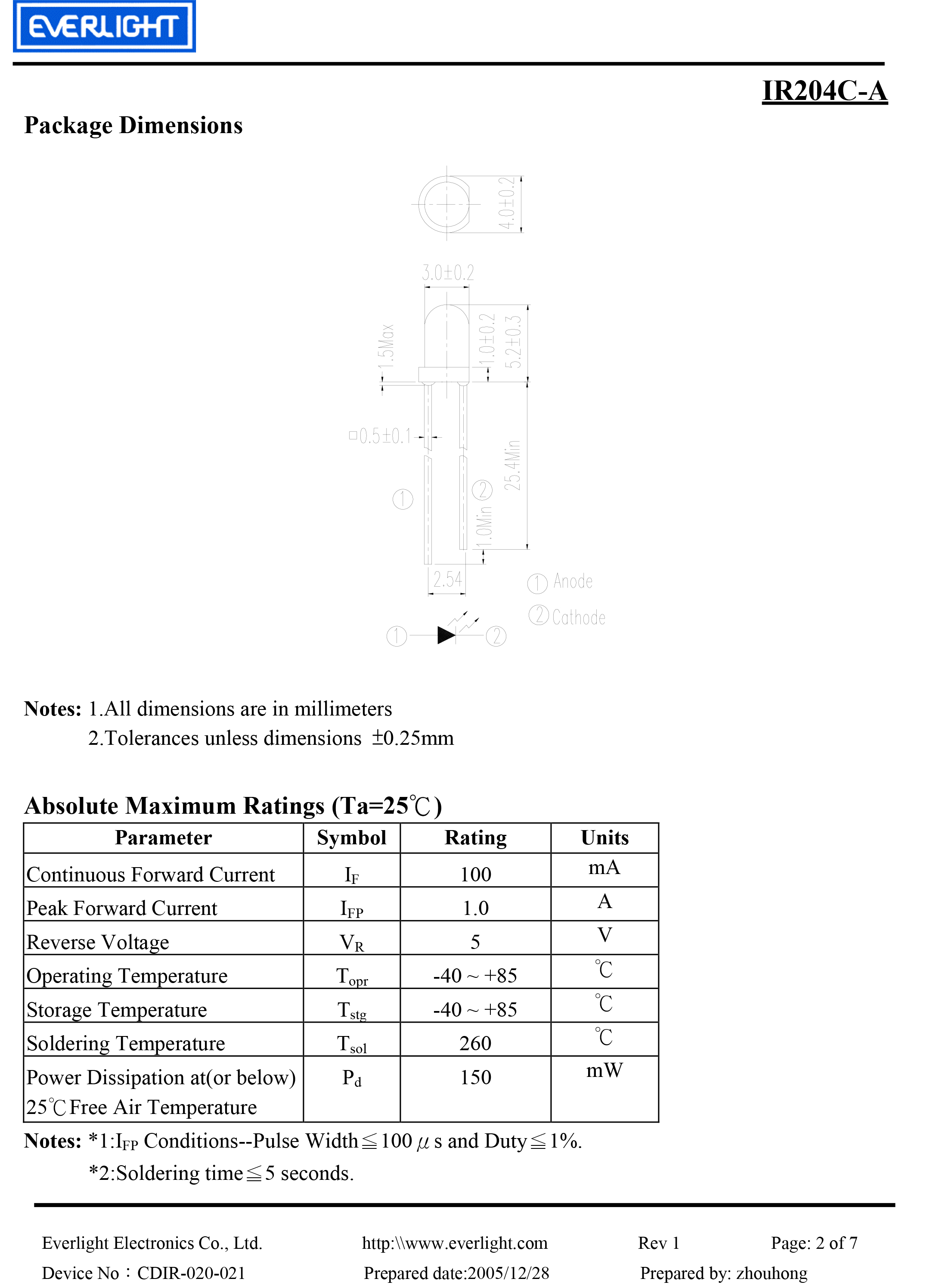 亿光3mm直插红外发射管IR204C-A规格书PDF