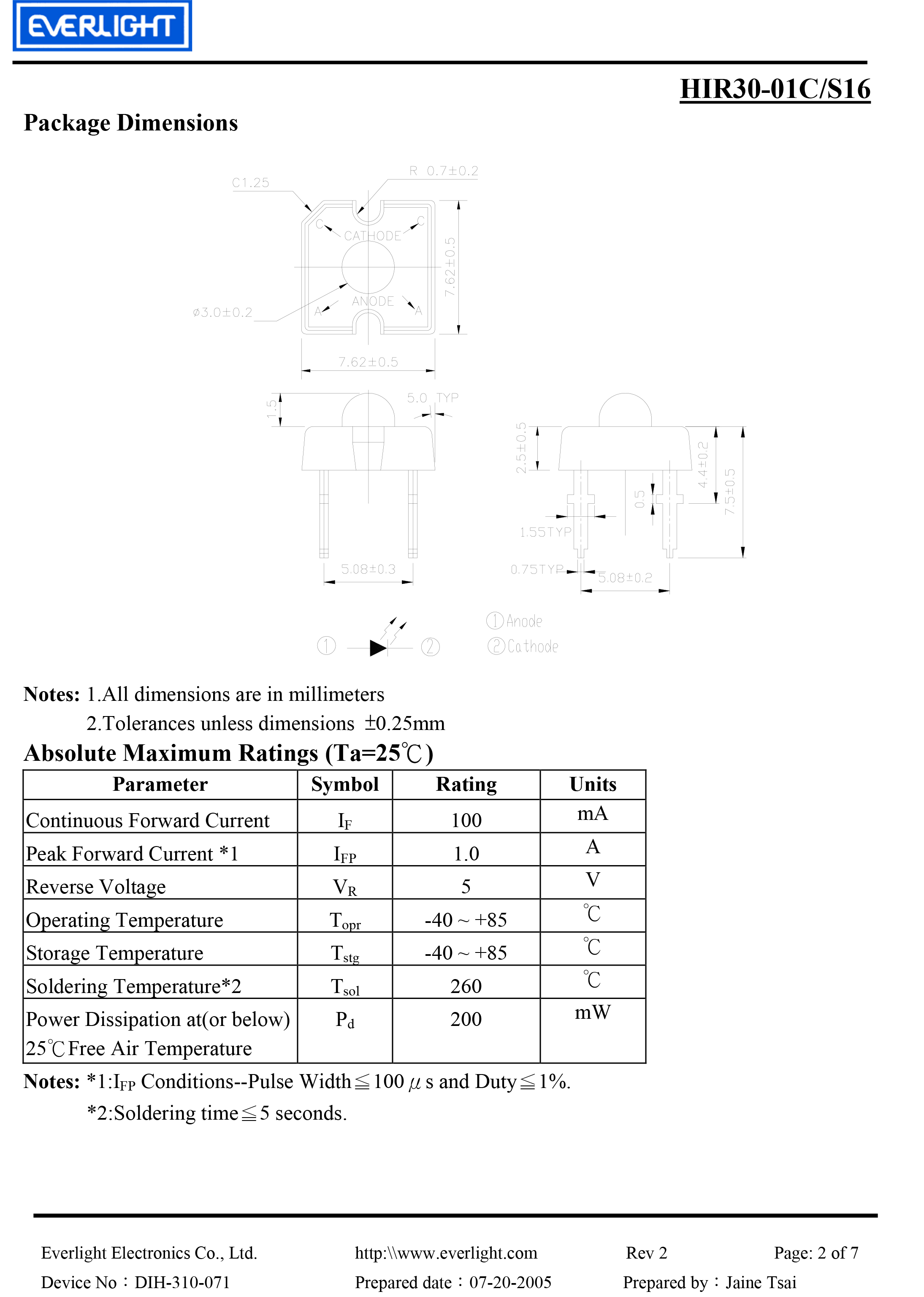亿光直插食人鱼红外发射管HIR30-01C/S16规格书PDF