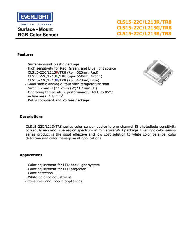 亿光贴片颜色传感器CLS15-22C/L213B/TR8规格书PDF