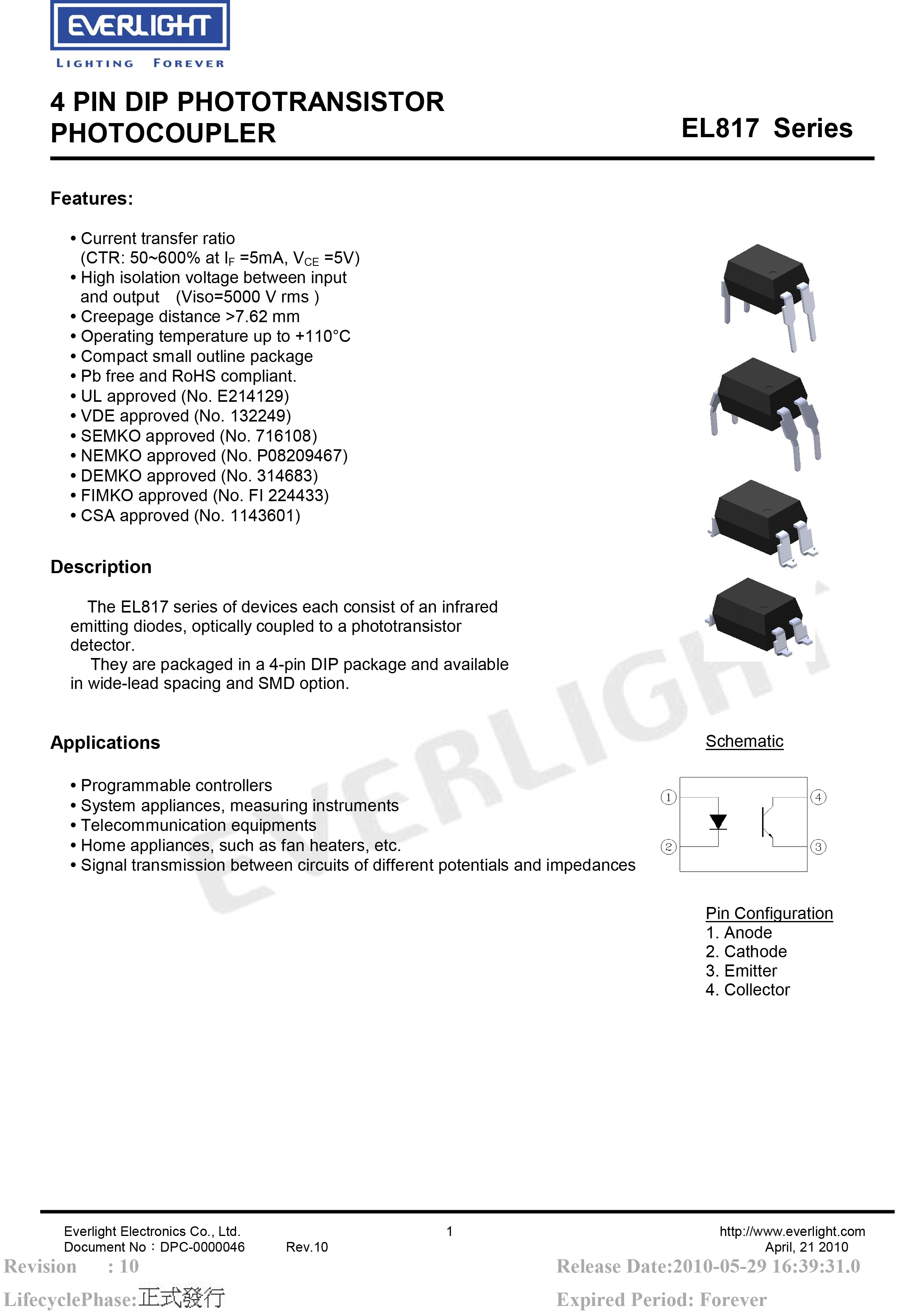 亿光直插光耦EL817 DIP-4光电耦合器规格书PDF