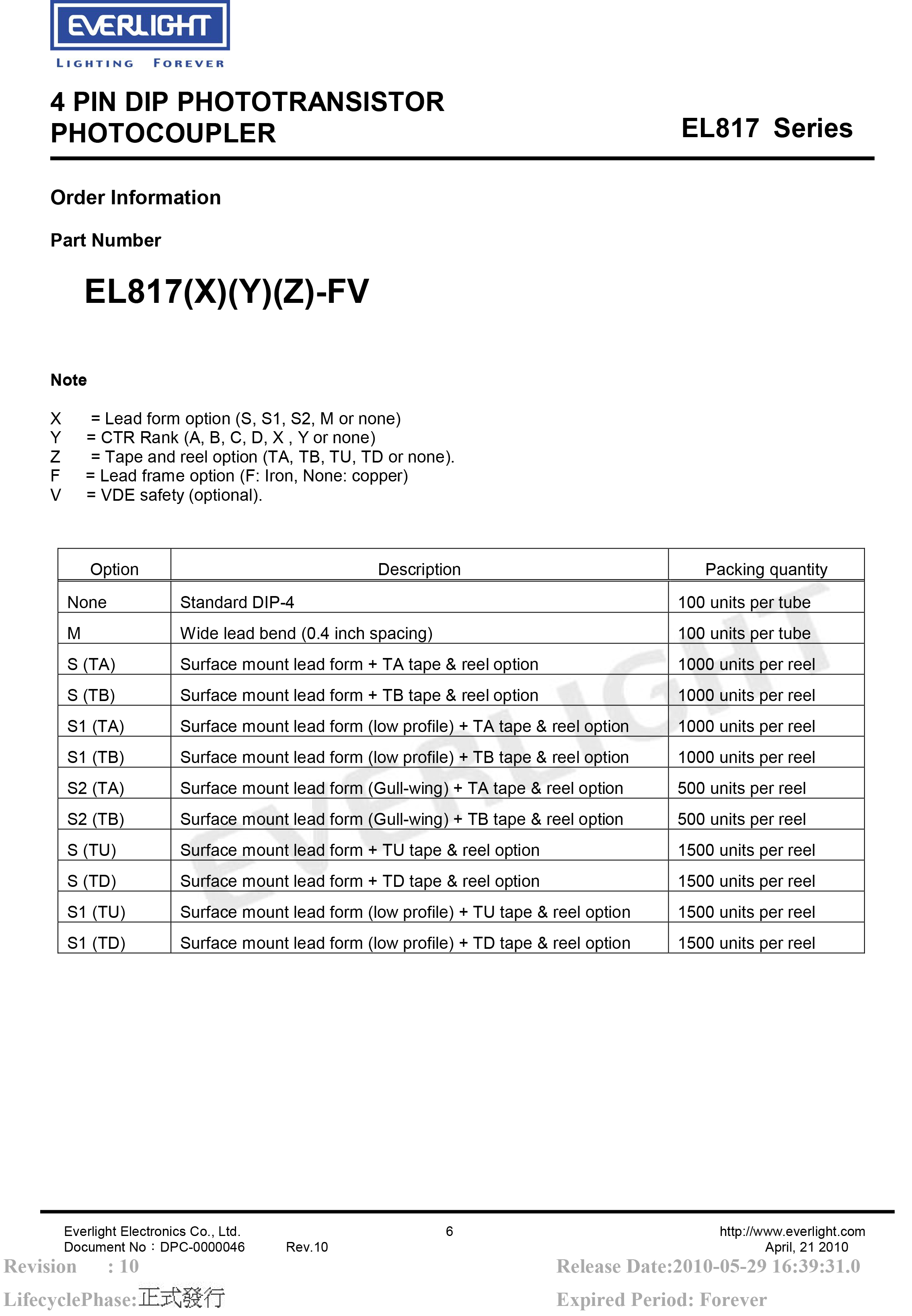 亿光直插光耦EL817 DIP-4光电耦合器规格书PDF
