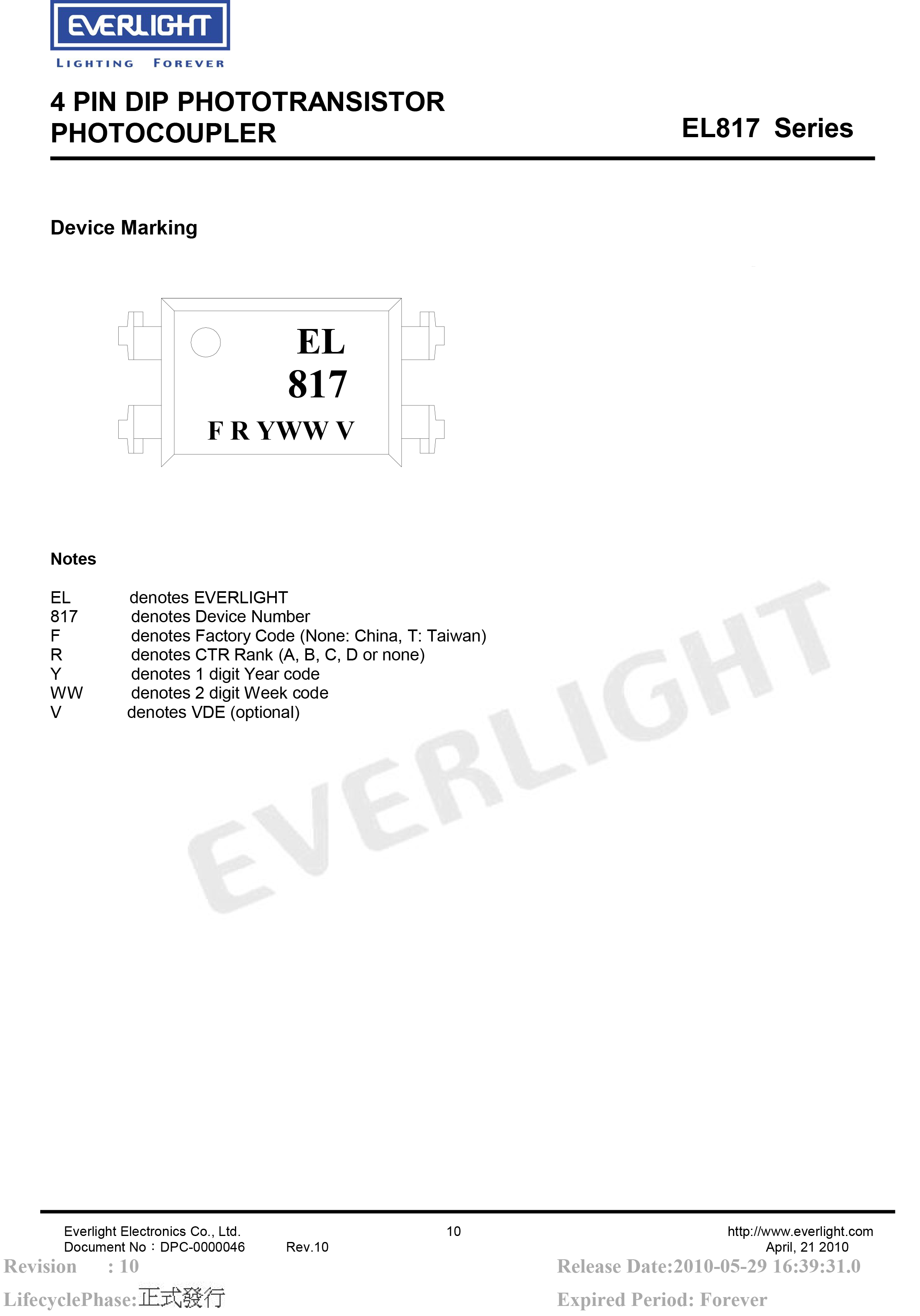 亿光直插光耦EL817 DIP-4光电耦合器规格书PDF