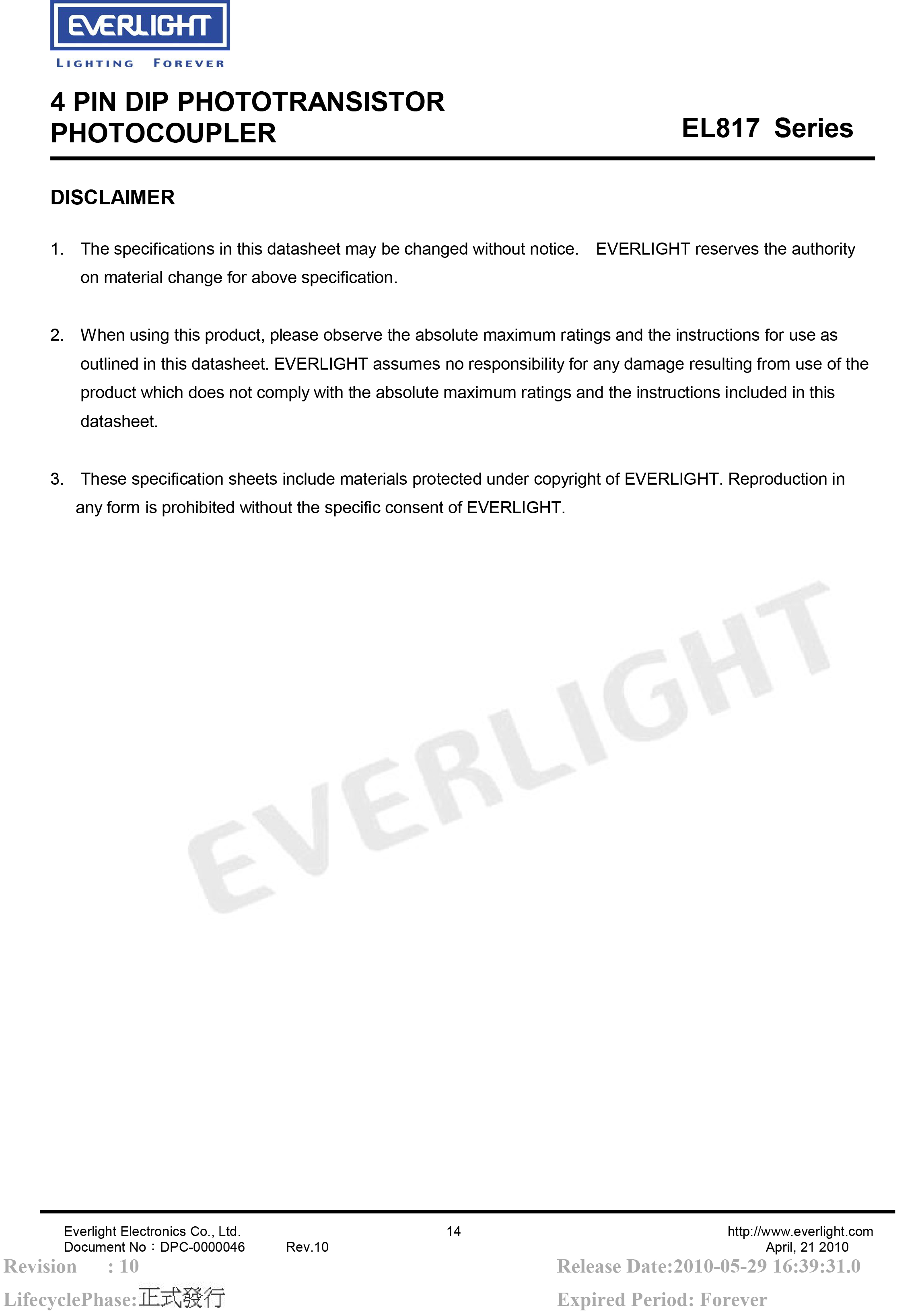 亿光直插光耦EL817 DIP-4光电耦合器规格书PDF