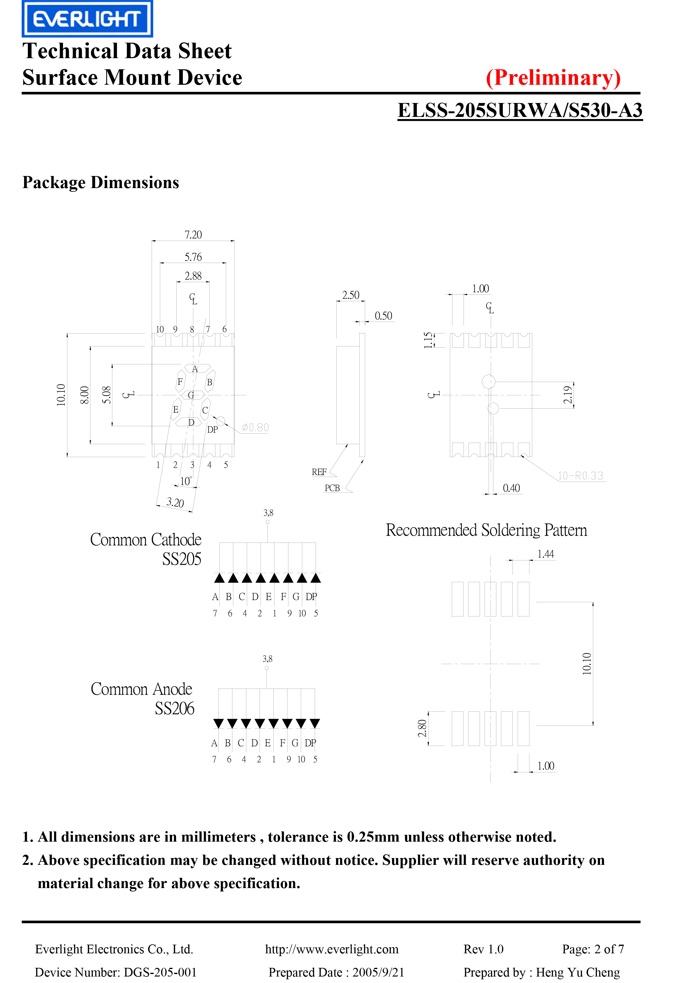 亿光贴片单位数码管SS205SURWA/S530/A3规格书PDF