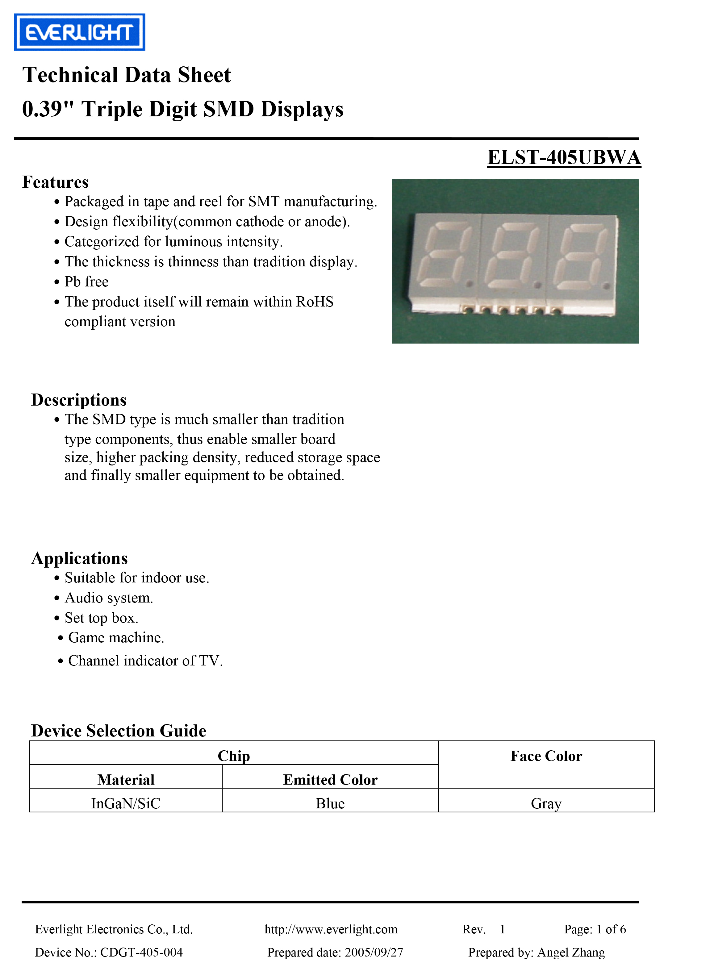 亿光三位贴片数码管ELST-405UBWA规格书PDF