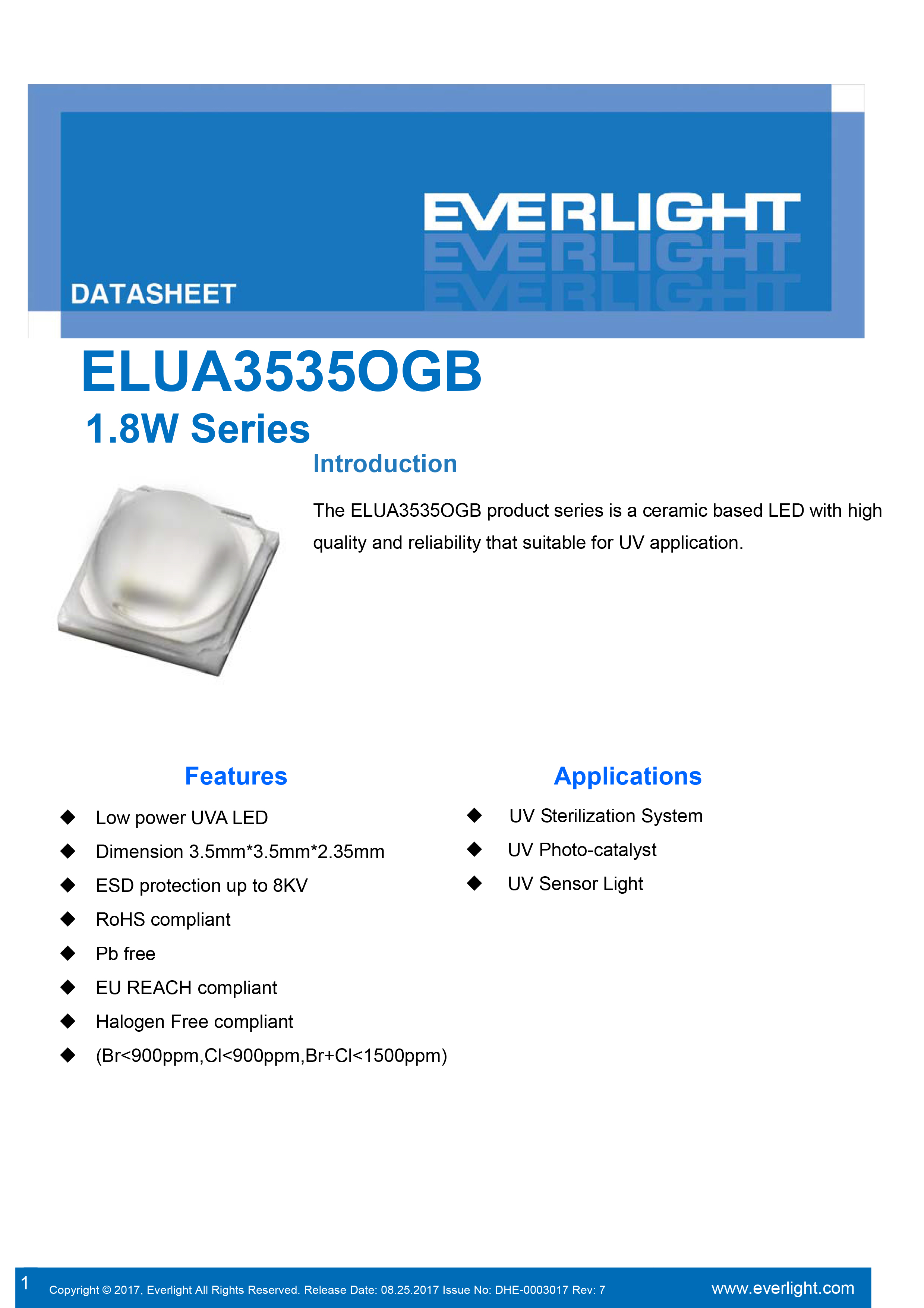 亿光1.8W紫光LED灯珠ELUA3535OGB-P8090U23040500-VD1M规格书PDF