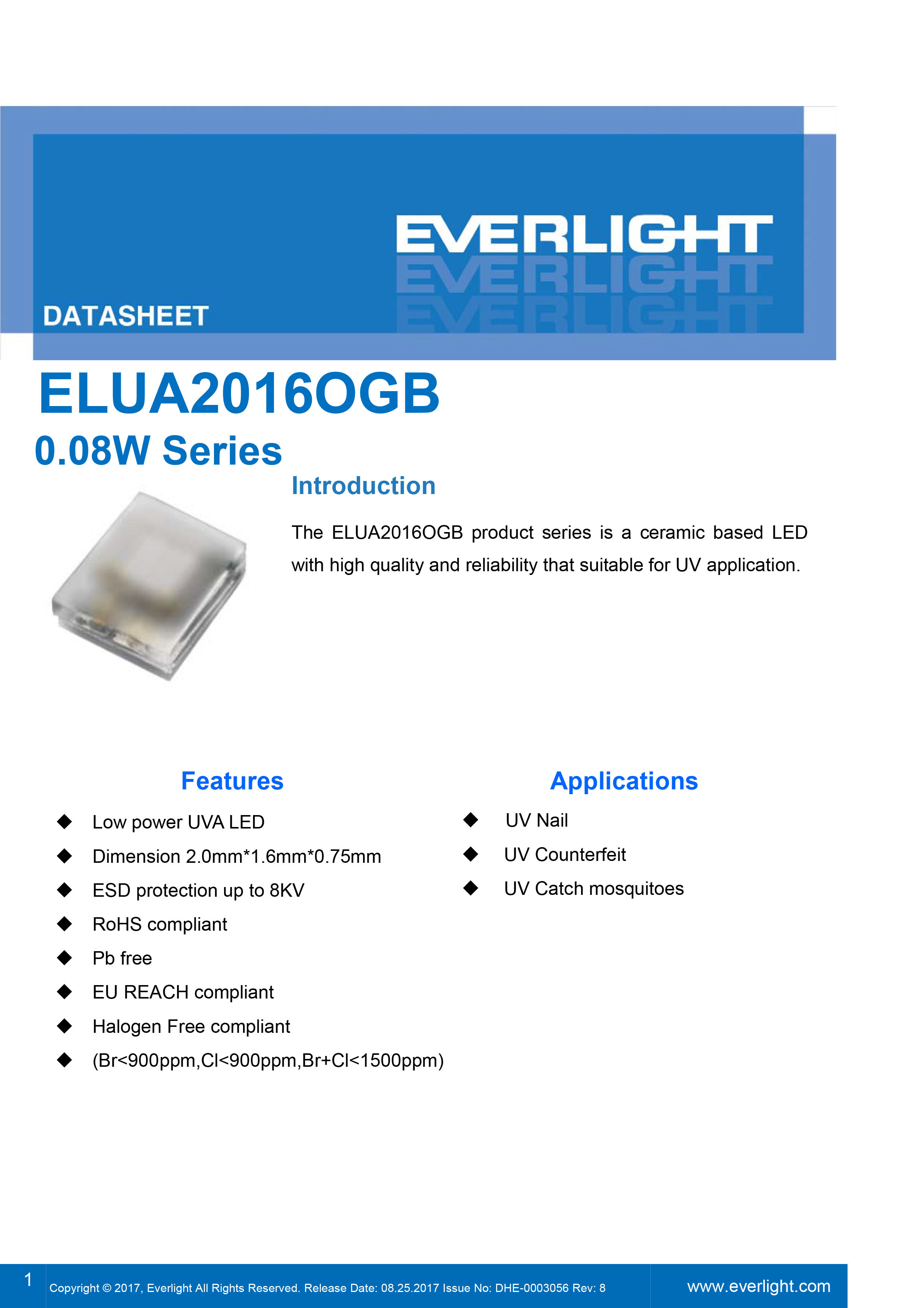 亿光0.08W紫光LED灯珠ELUA2016OGB-P9000Q53040020-VA1M规格书PDF