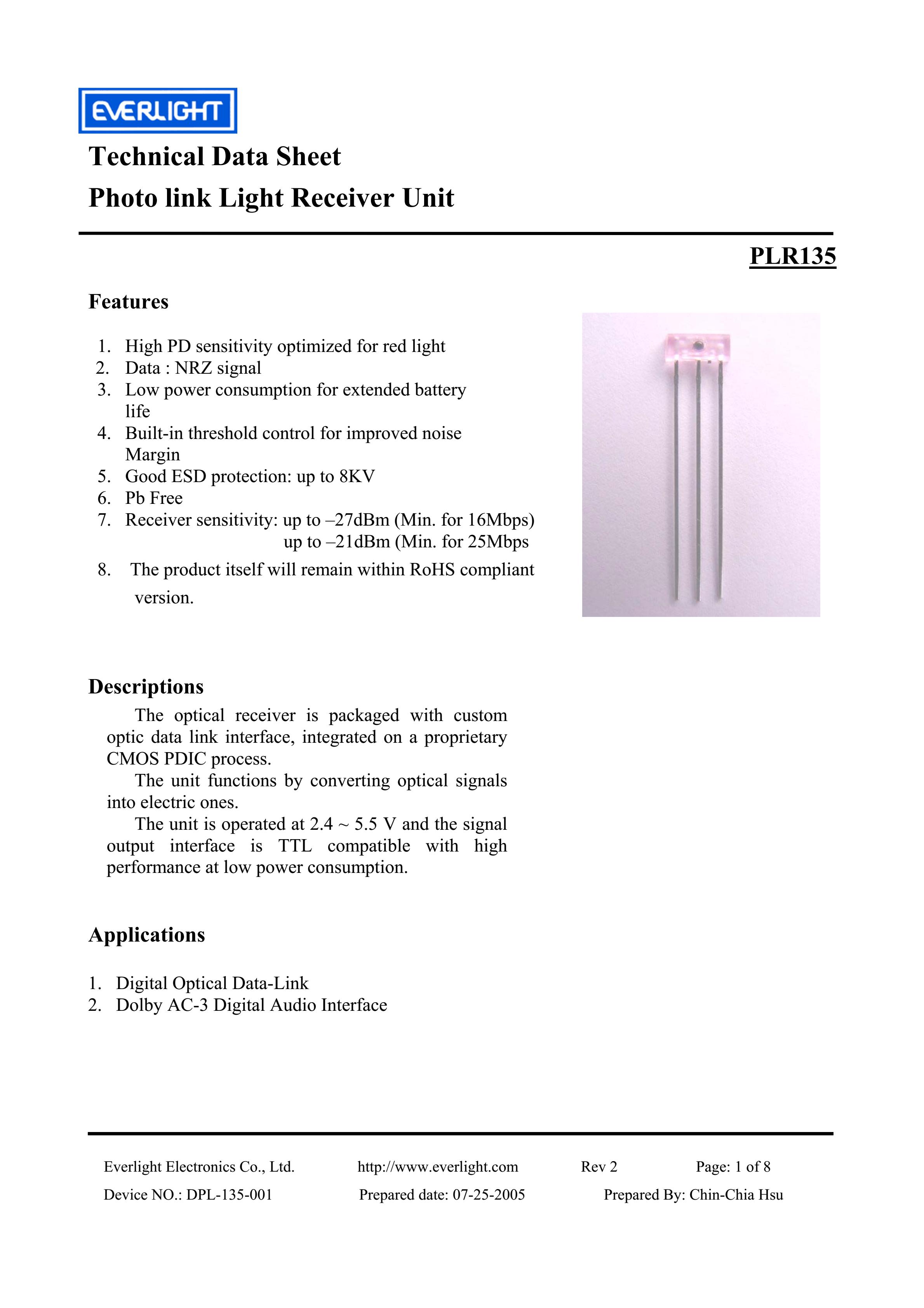 亿光光纤接收器PLR135传输器参数及规格书