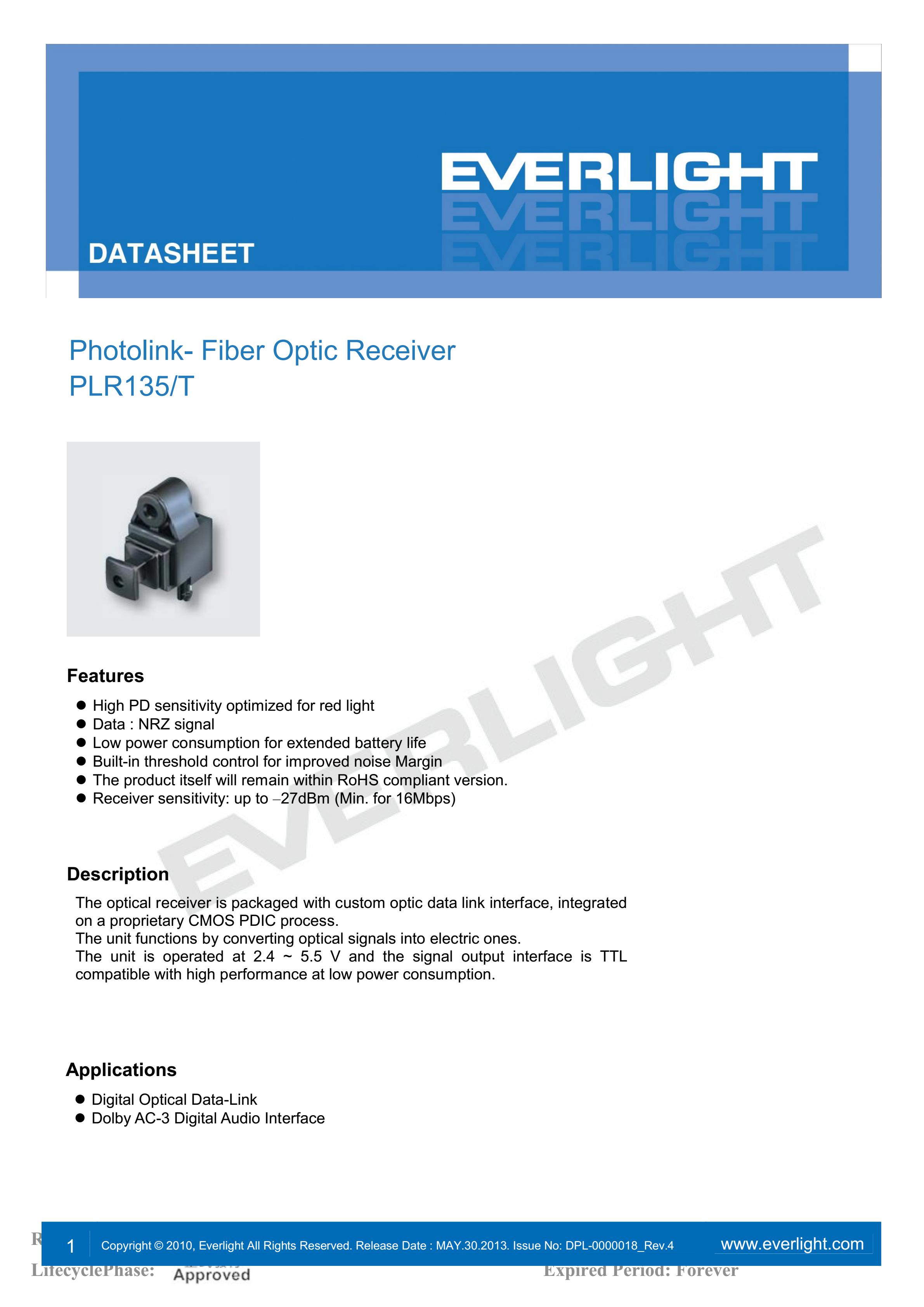 亿光光纤接收器PLR135/T传输器参数及规格书(PDF 数据表)