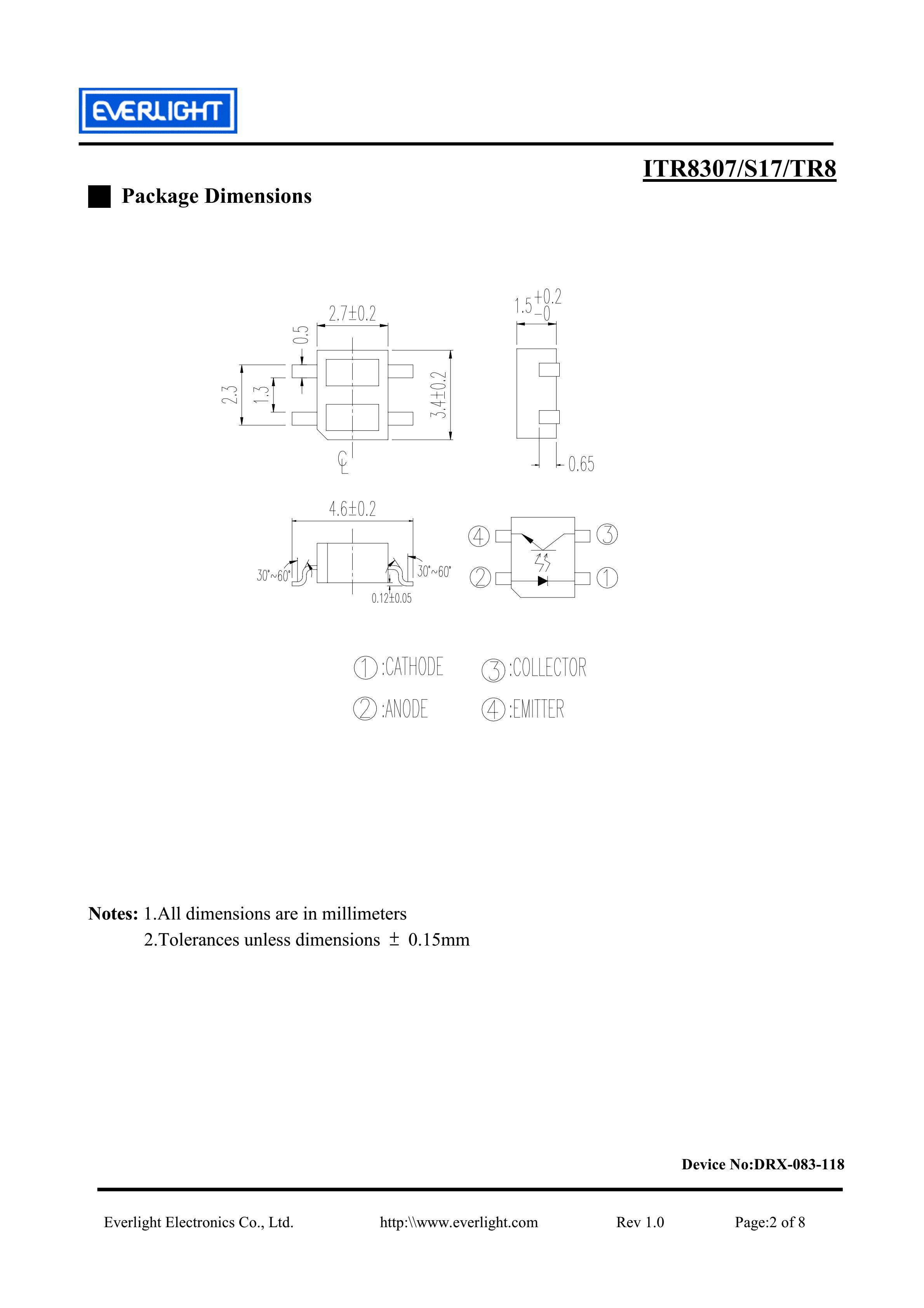 亿光贴片反射式光电开关ITR8307-S17/TR8参数及规格书(PDF 数据表)
