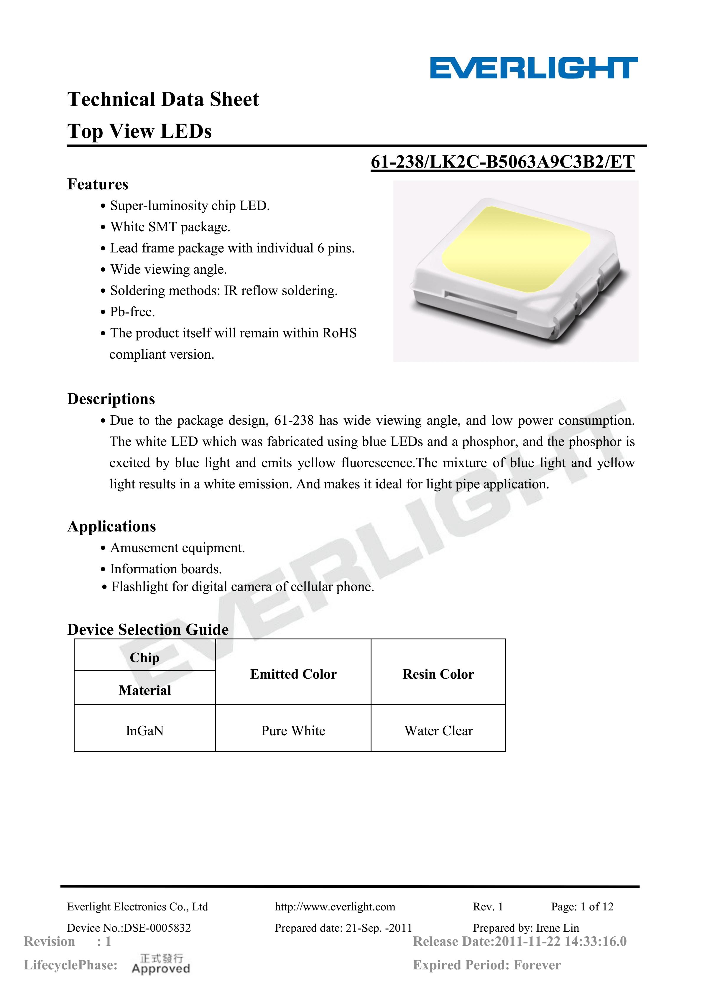 亿光贴片5050灯珠61-238-LK2C-B5063A9C3B2-ET 白光规格书PDF（数据表）