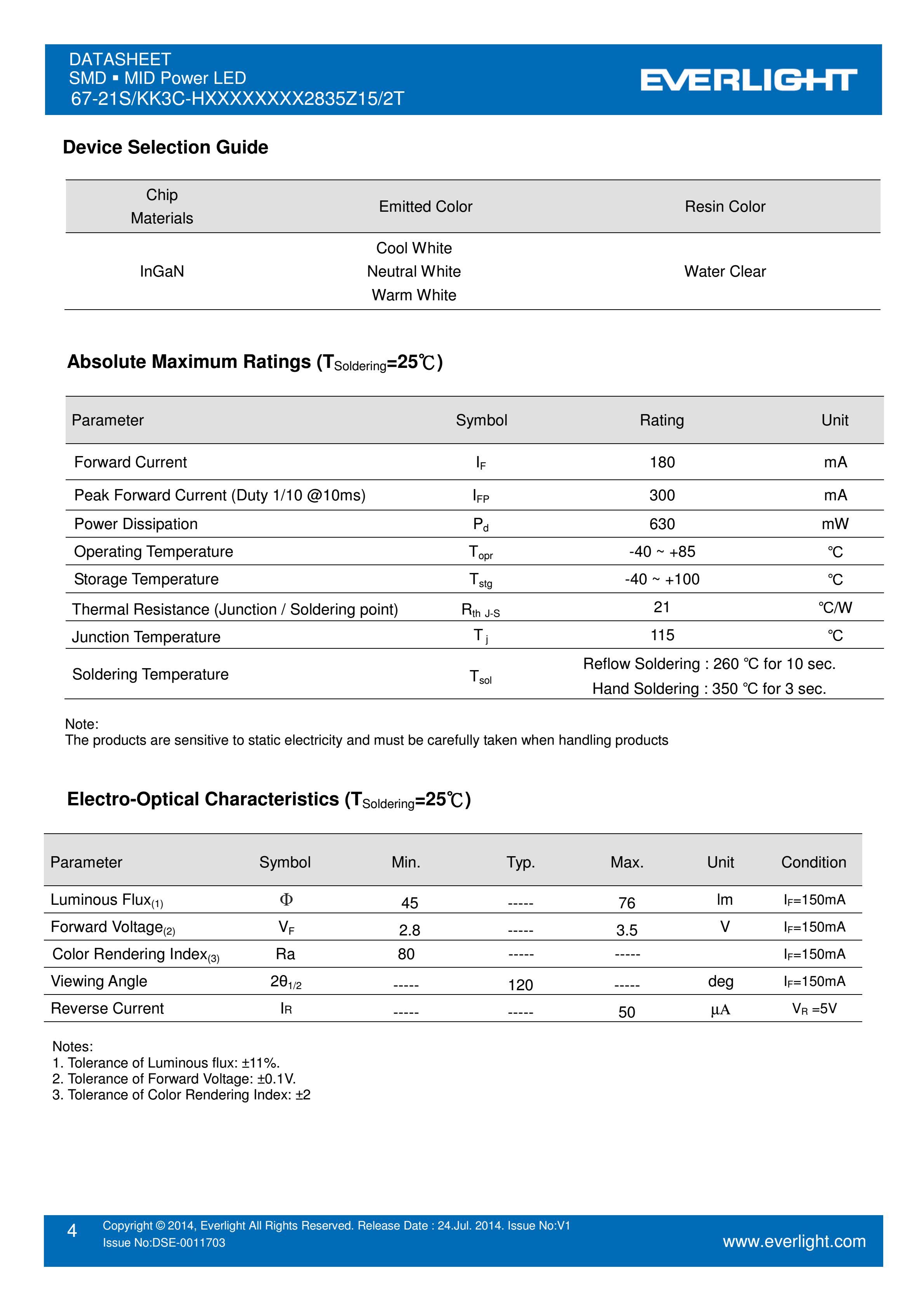 亿光贴片2835灯珠67-21S/KK3C-H2727QAR32835Z15/2T 白光规格书PDF（数据表）