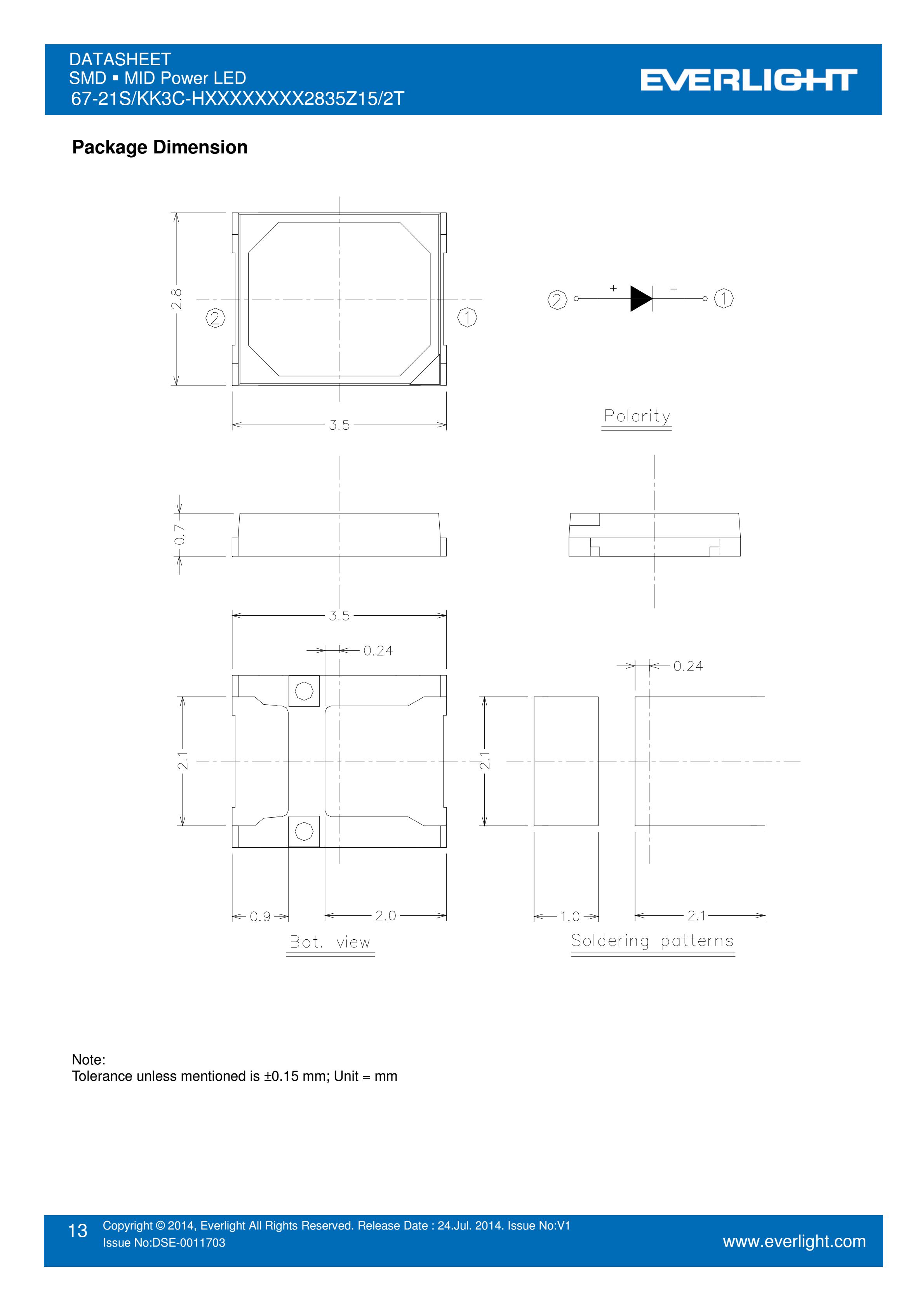 亿光贴片2835灯珠67-21S/KK3C-H3030R1R42835Z15/2T 白光规格书PDF（数据表）