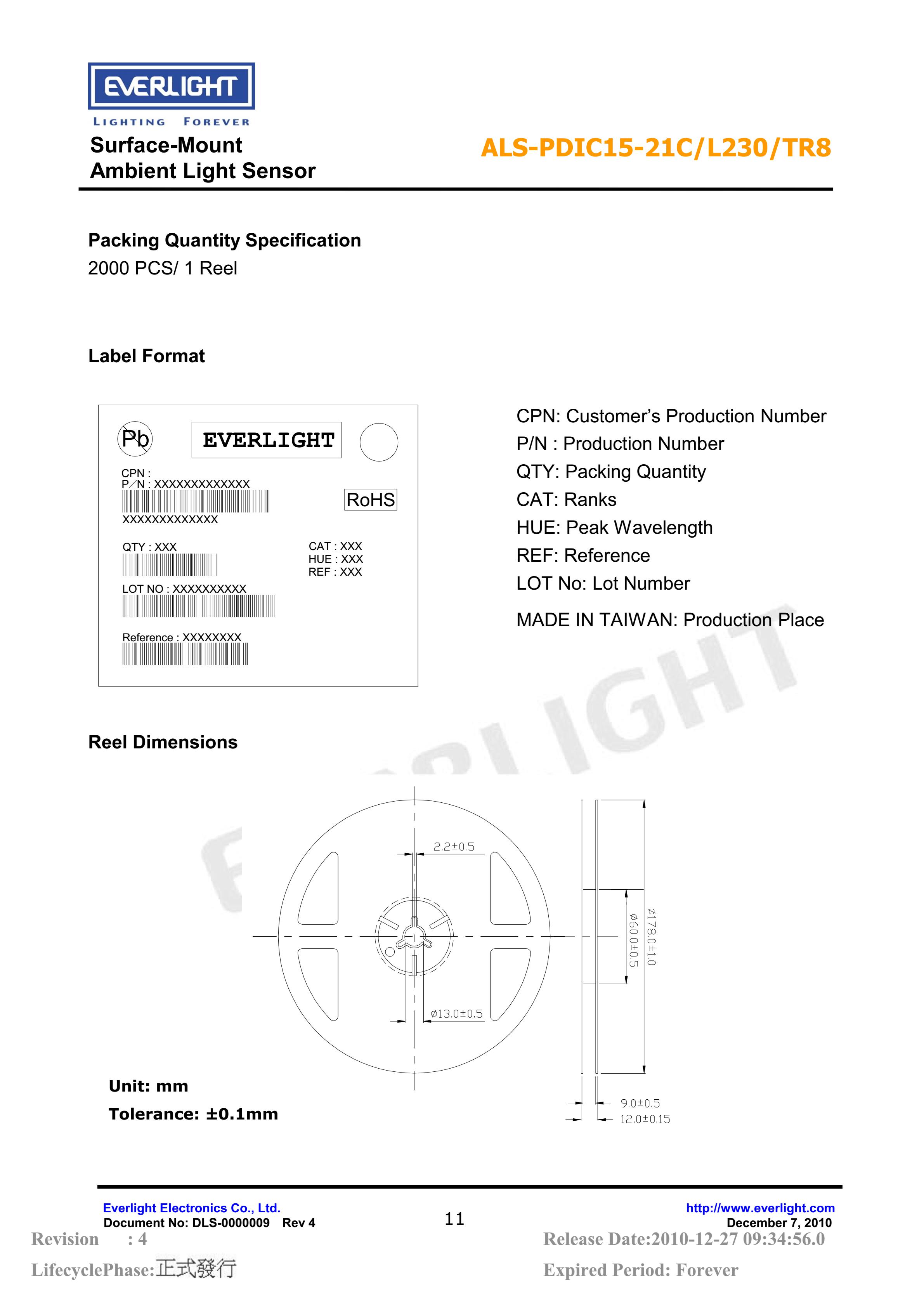 亿光贴片1206环境光传感器ALS-PDIC15-21C/L230/TR8规格书（数据表PDF）