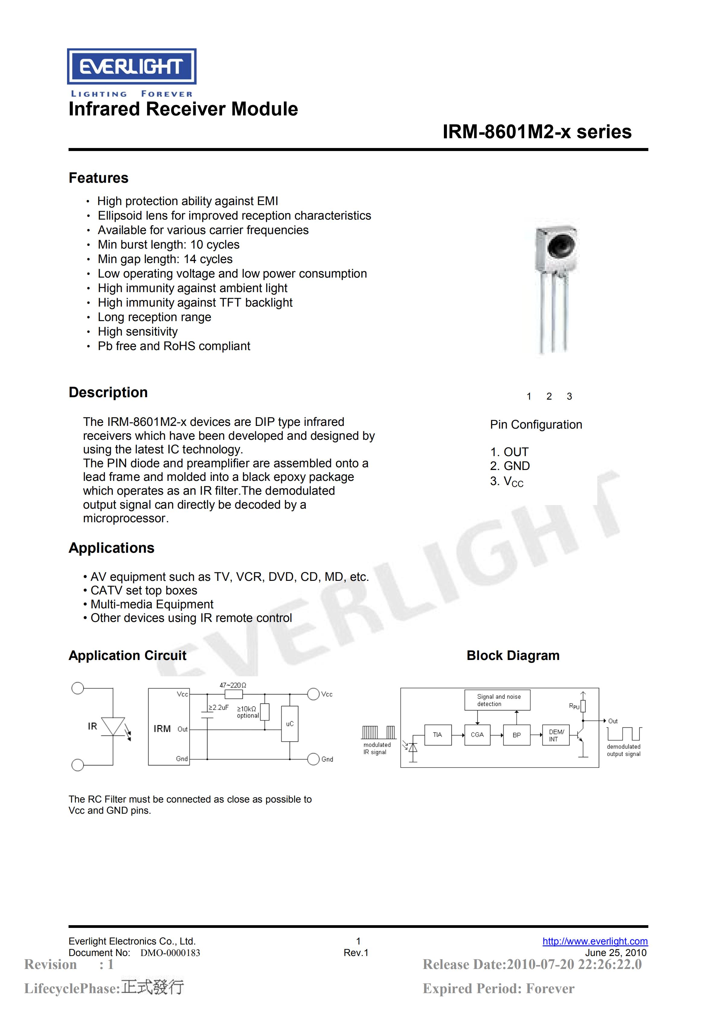 亿光直插红外接收头IRM-8601M2 38kHz规格书PDF（数据表）