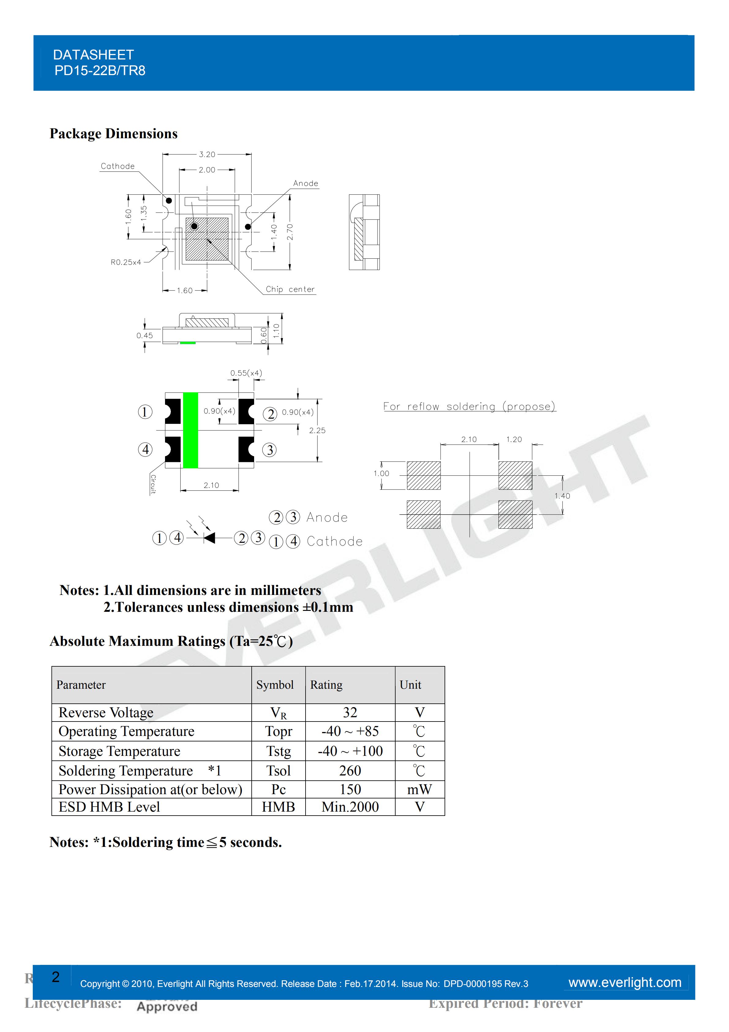 亿光贴片二极管红外接收管PD15-22B/TR8规格书PDF（数据表）