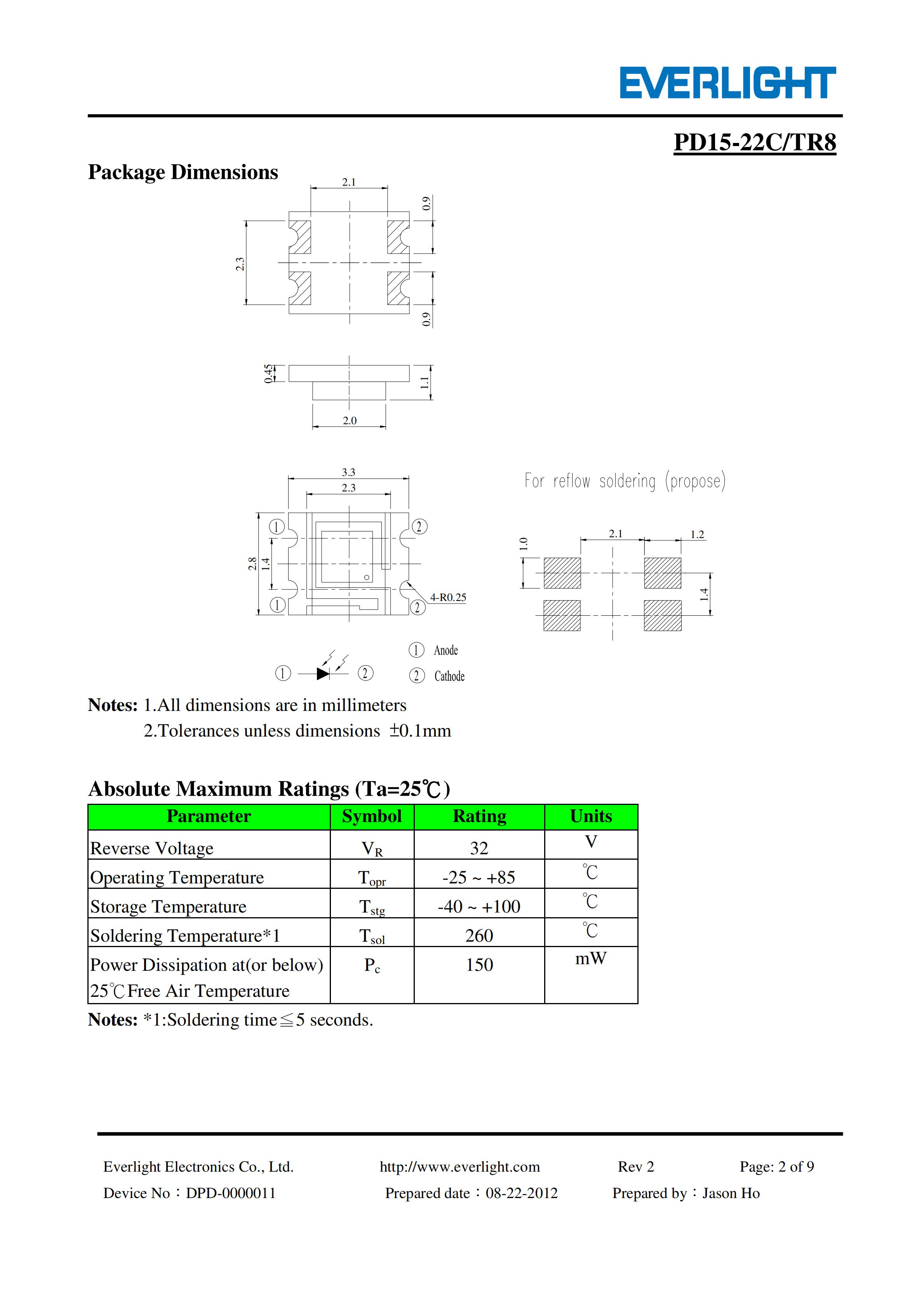 亿光贴片1206光电二极管红外接收管PD15-22C/TR8规格书PDF（数据表）