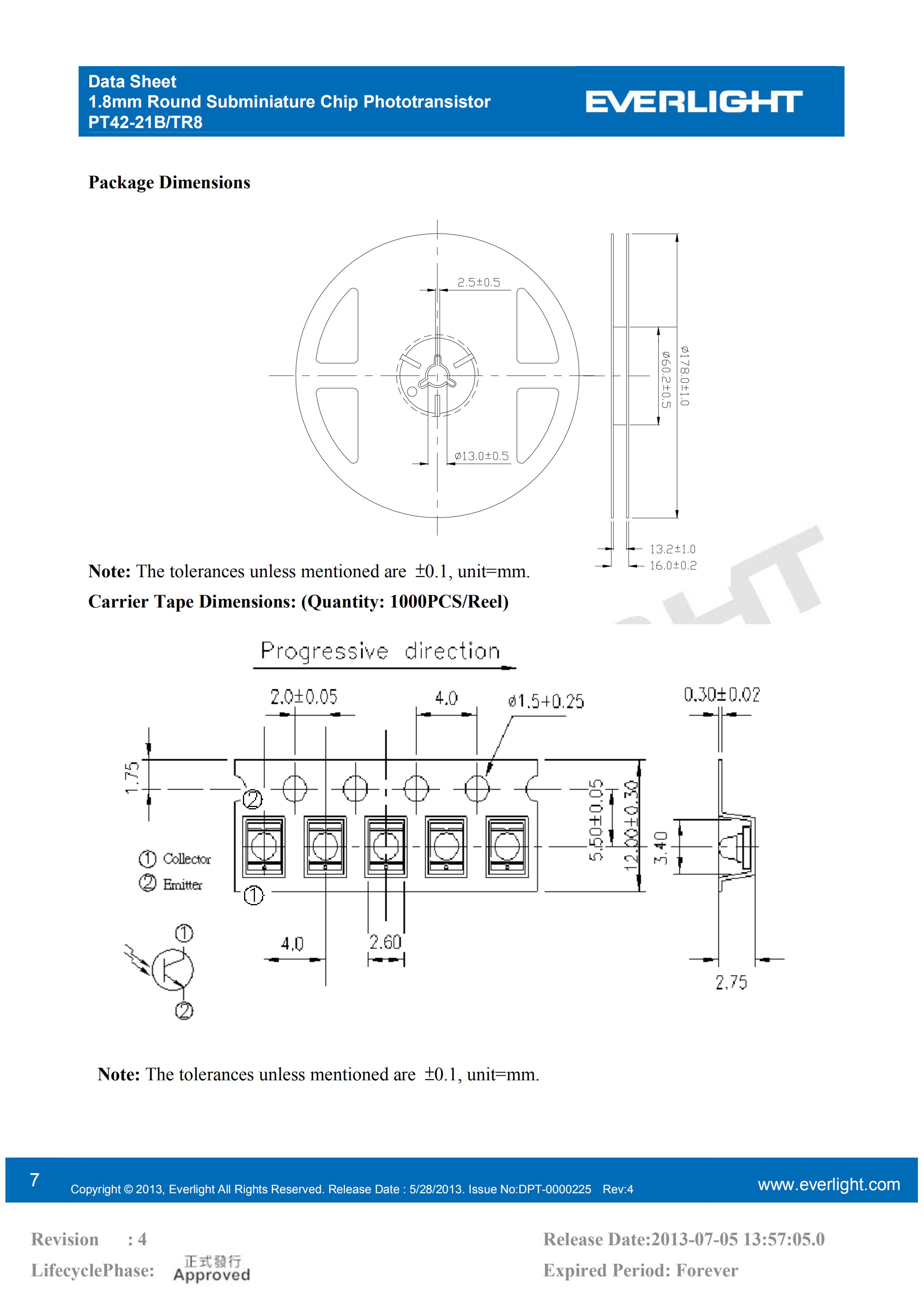 亿光贴片三极管红外接收管PT42-21B/TR8规格书PDF（数据表）