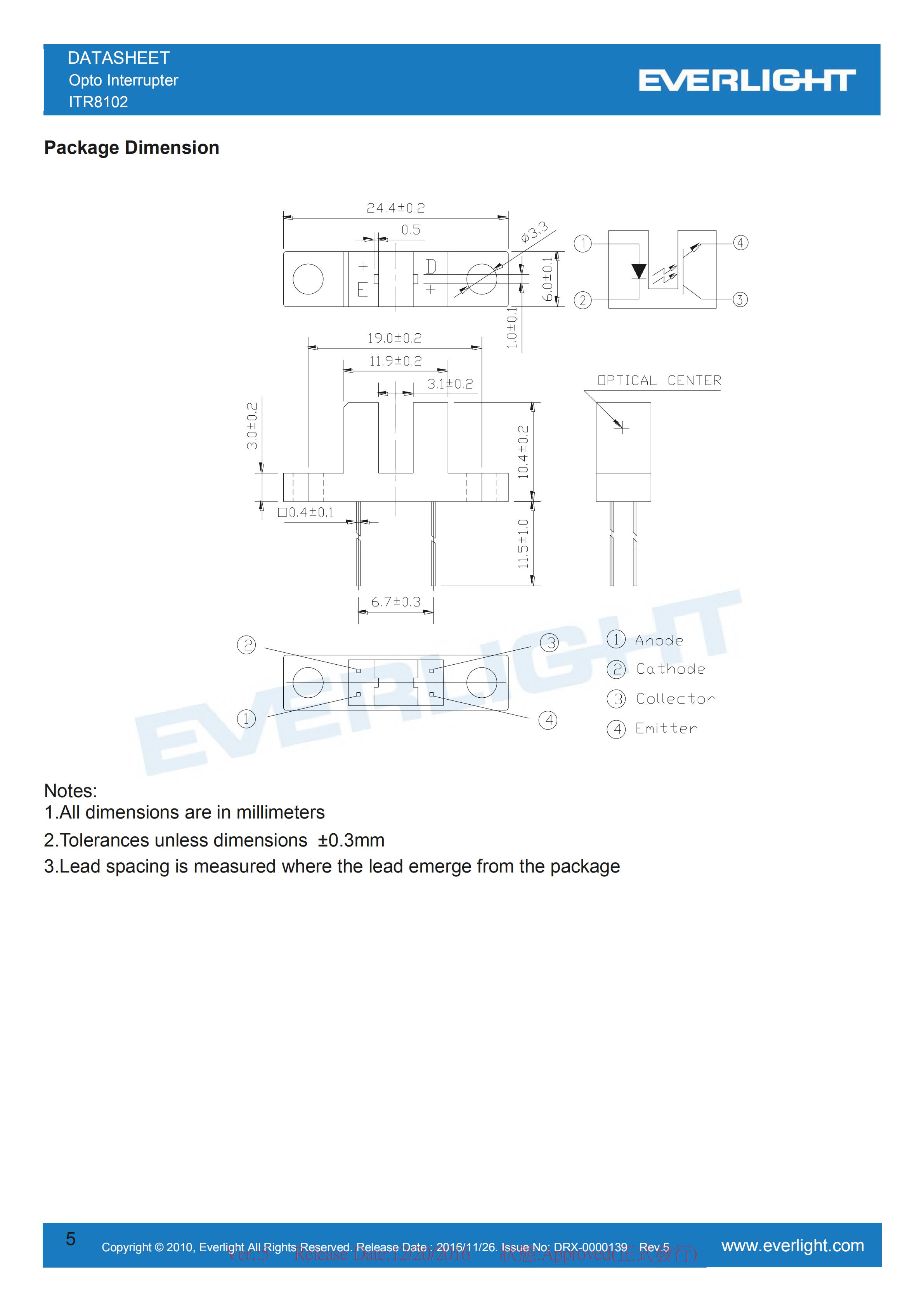 亿光直插对射式光电开关ITR8102槽型光开关参数及规格书(PDF 数据表)