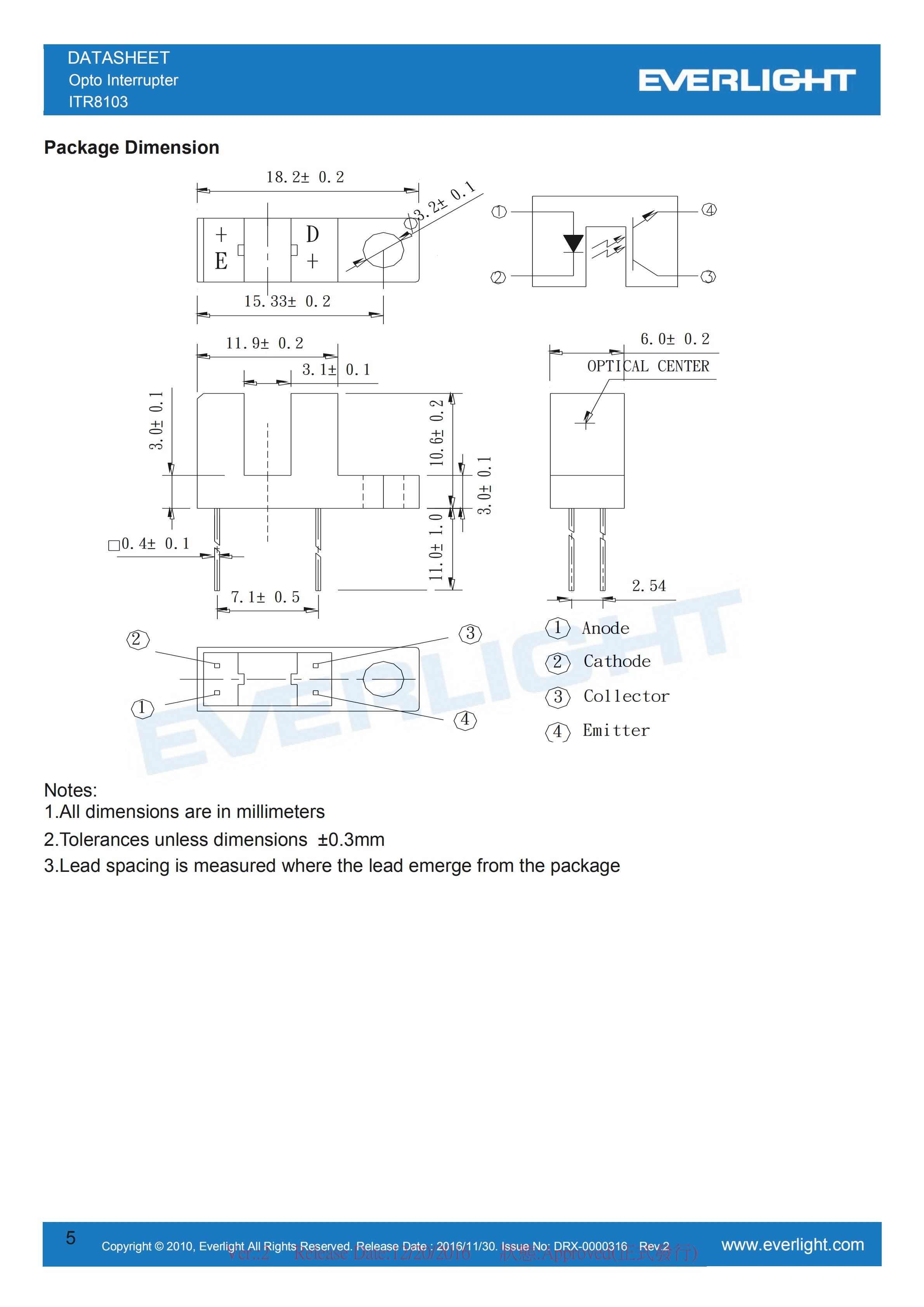 亿光直插对射式光电开关ITR8103凹槽型开关参数及规格书(PDF 数据表)