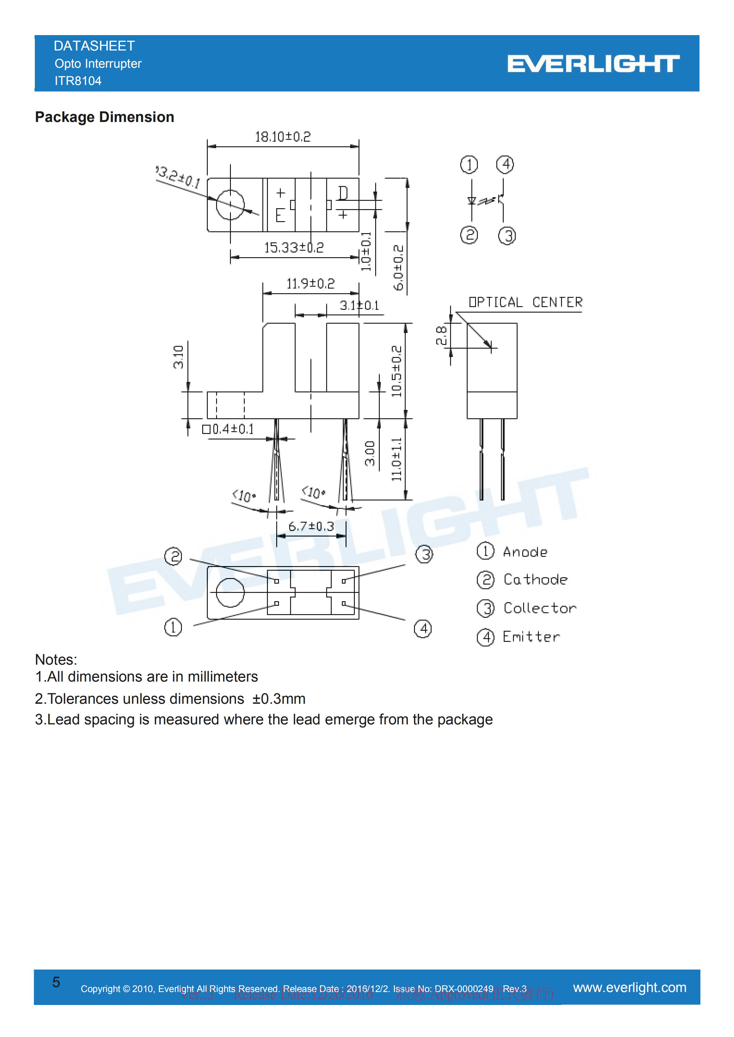 亿光直插对射式光电开关ITR8104槽型开关参数及规格书(PDF 数据表)