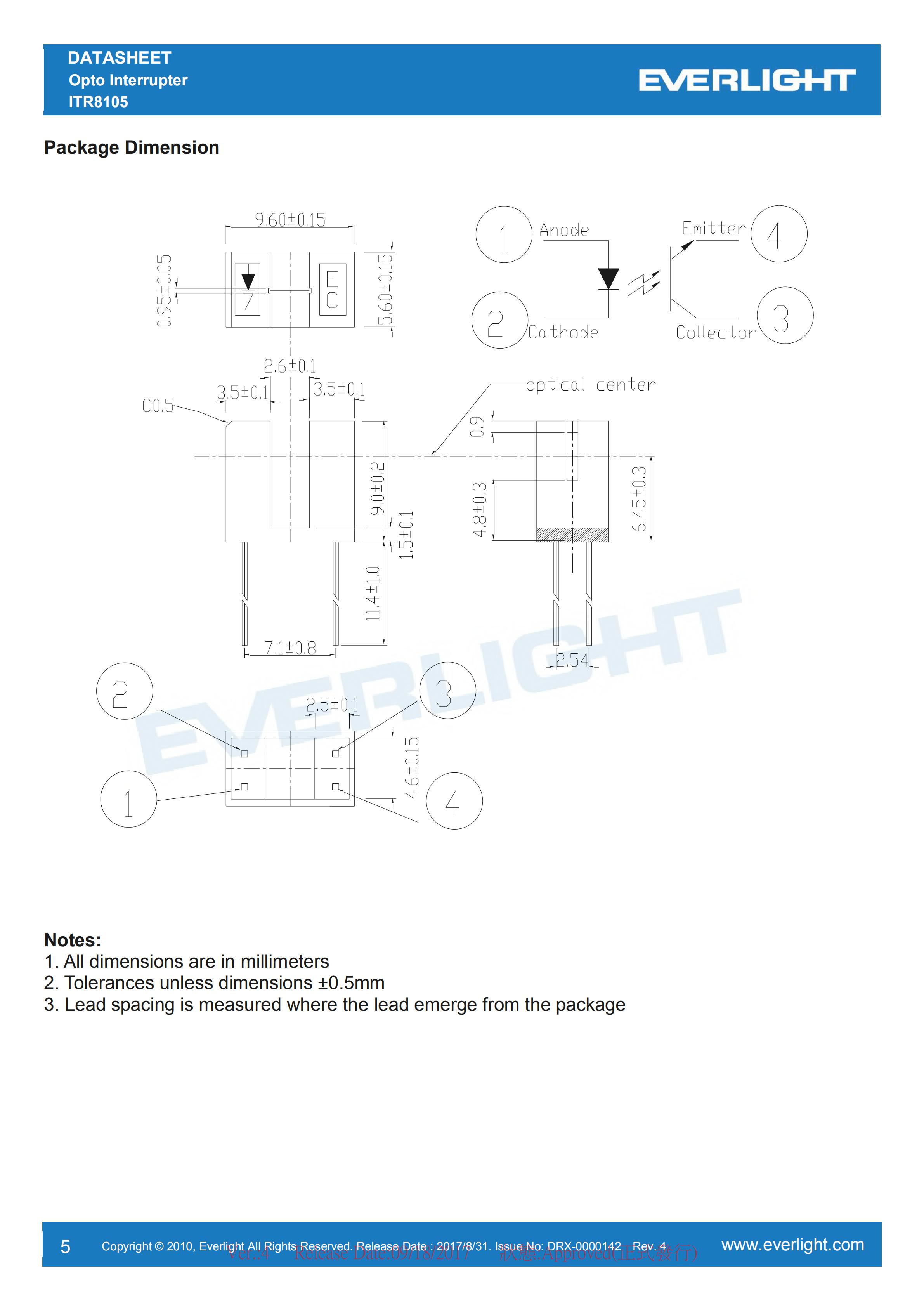 亿光槽型开关ITR8105对射式光电开关参数及规格书(PDF 数据表)