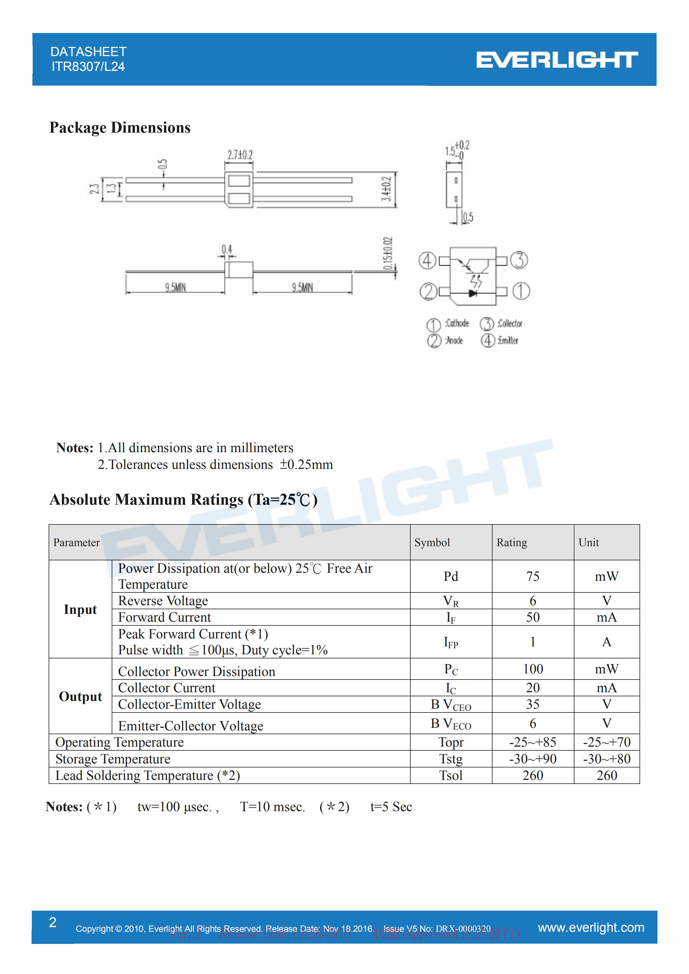 亿光直插式光电开关ITR8307-L24传感器参数及规格书(PDF 数据表)