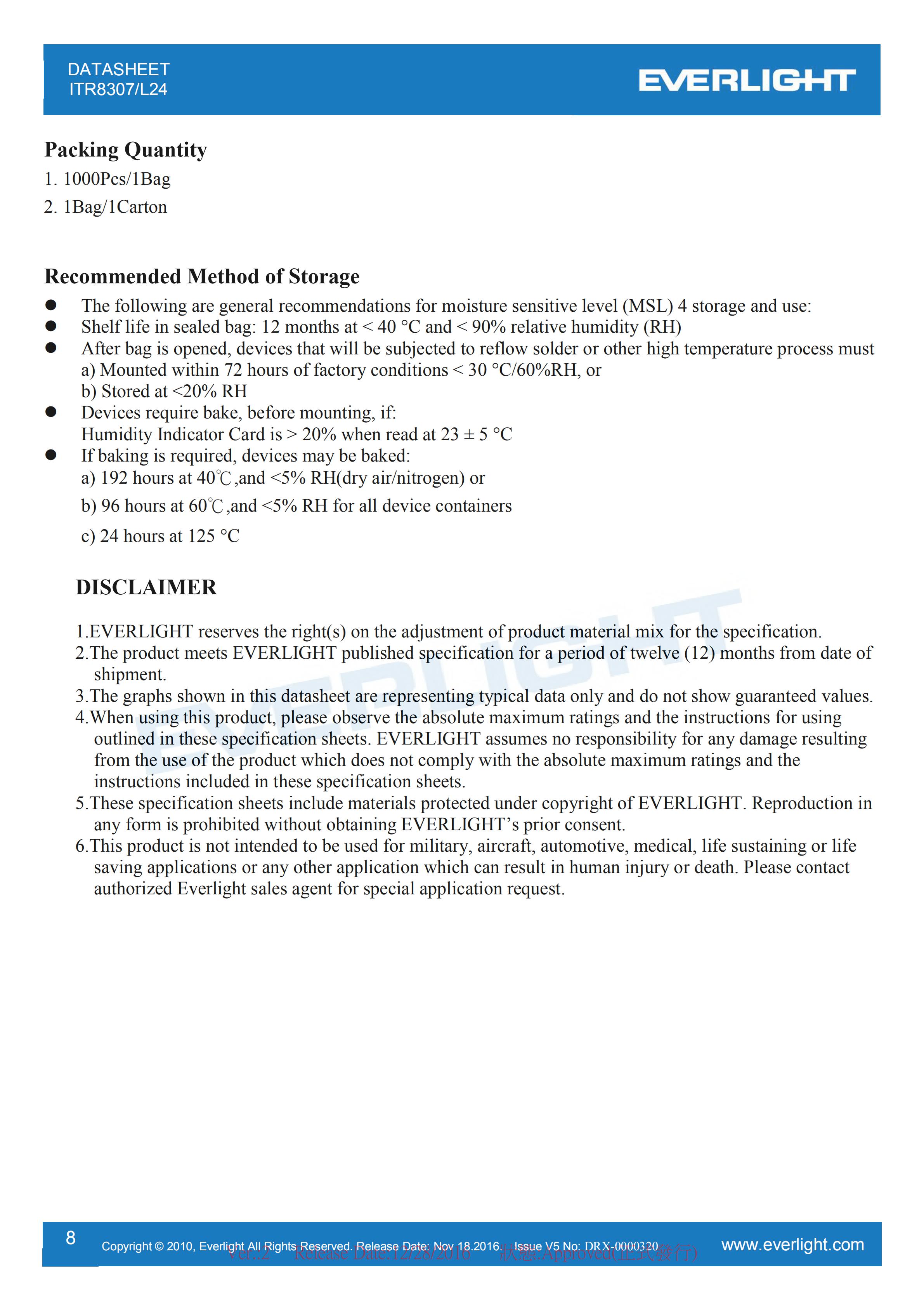 亿光直插式光电开关ITR8307-L24传感器参数及规格书(PDF 数据表)