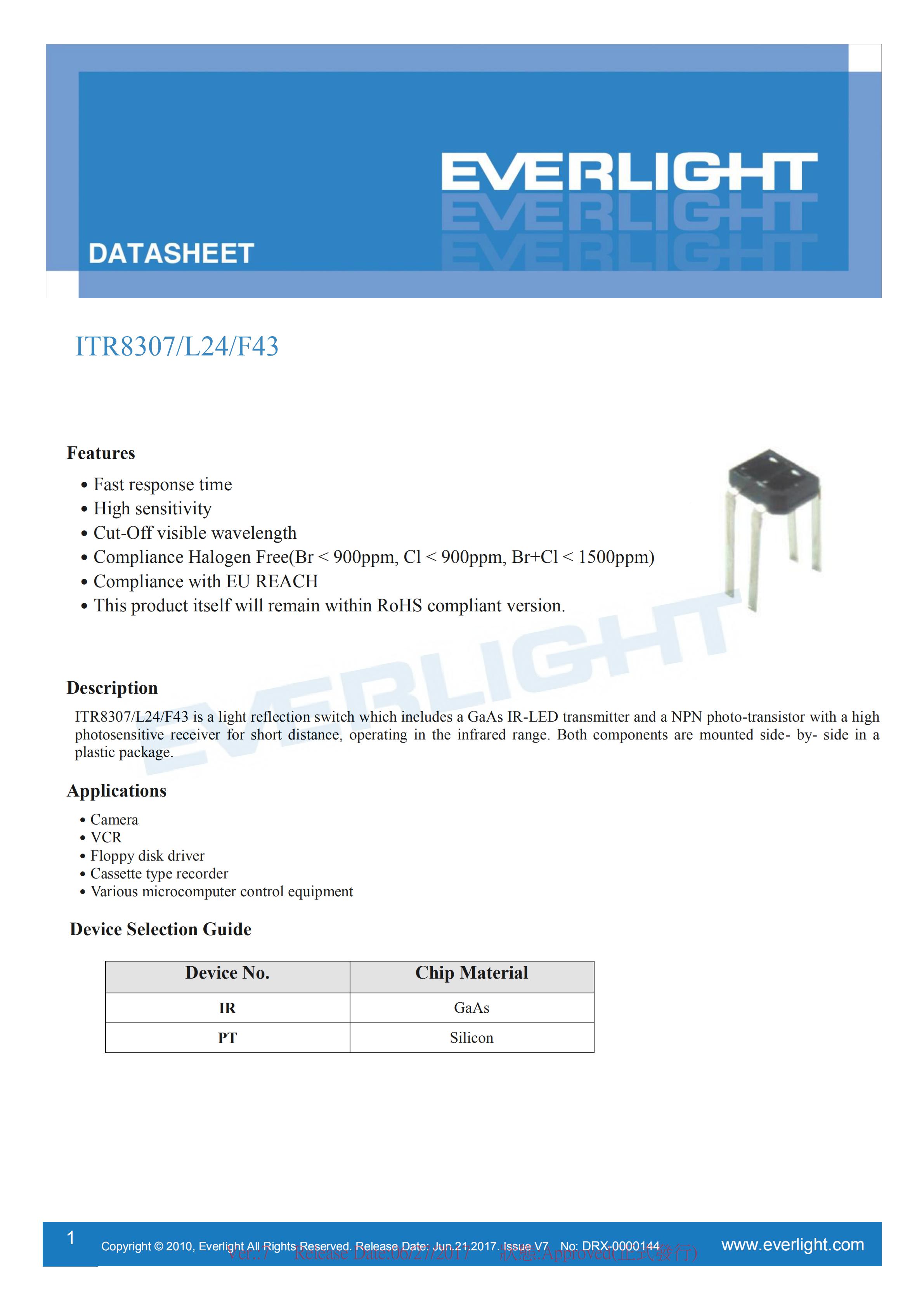 亿光直插反射式光电开关ITR8307/L24/F43参数及规格书(PDF 数据表)