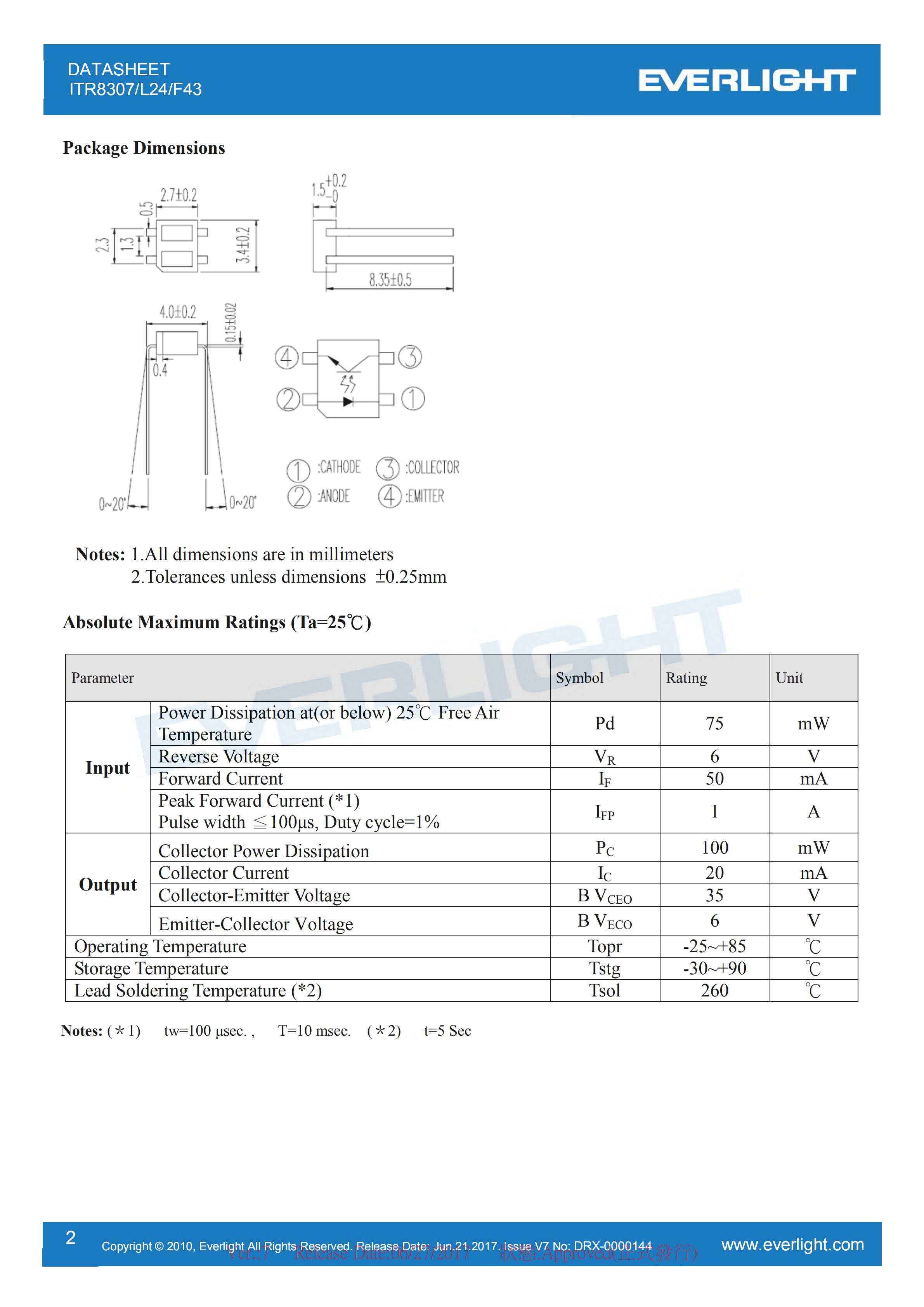 亿光直插反射式光电开关ITR8307/L24/F43参数及规格书(PDF 数据表)
