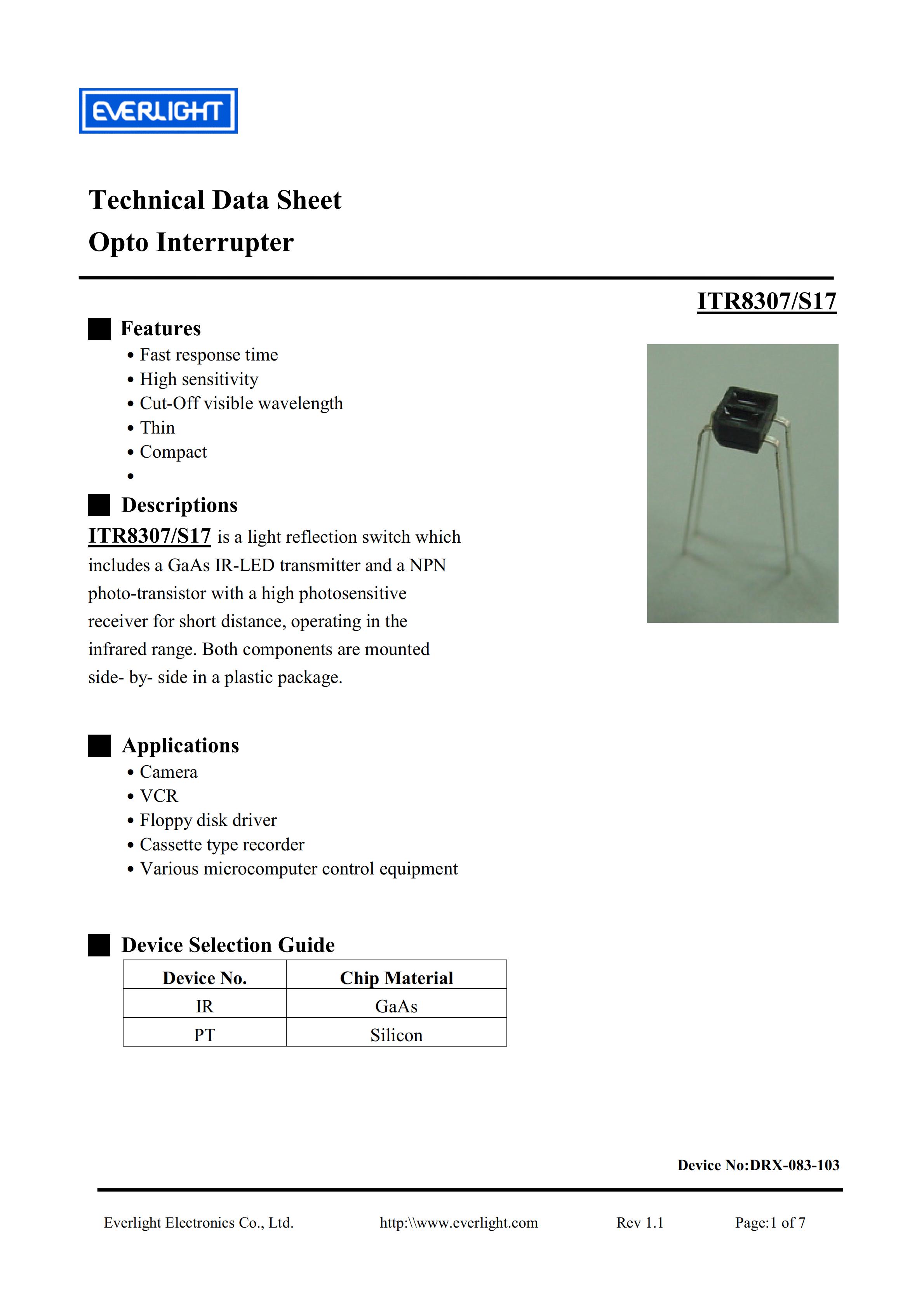 亿光直插反射式光电开关ITR8307-S17传感器参数及规格书(PDF 数据表)
