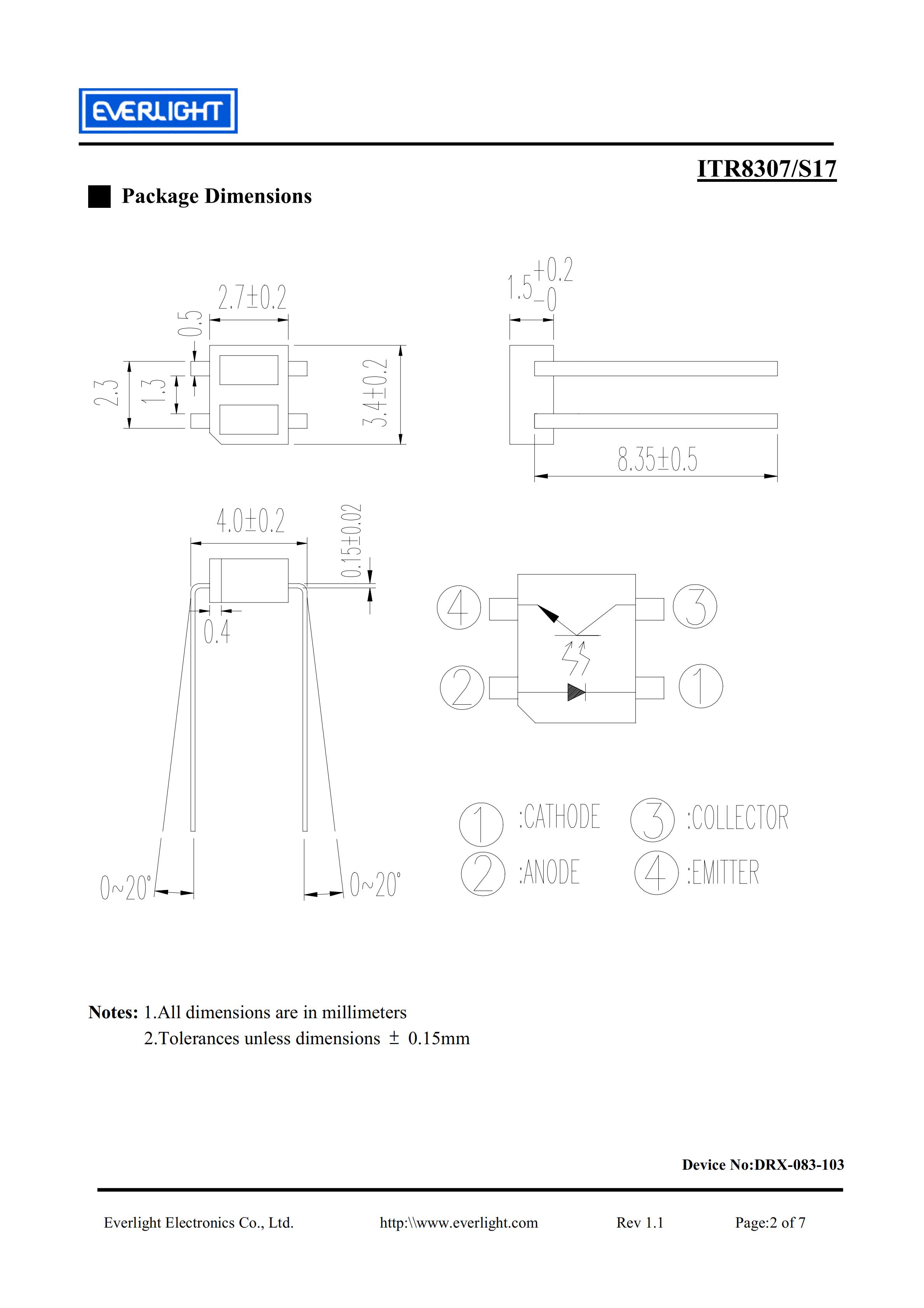 亿光直插反射式光电开关ITR8307-S17传感器参数及规格书(PDF 数据表)
