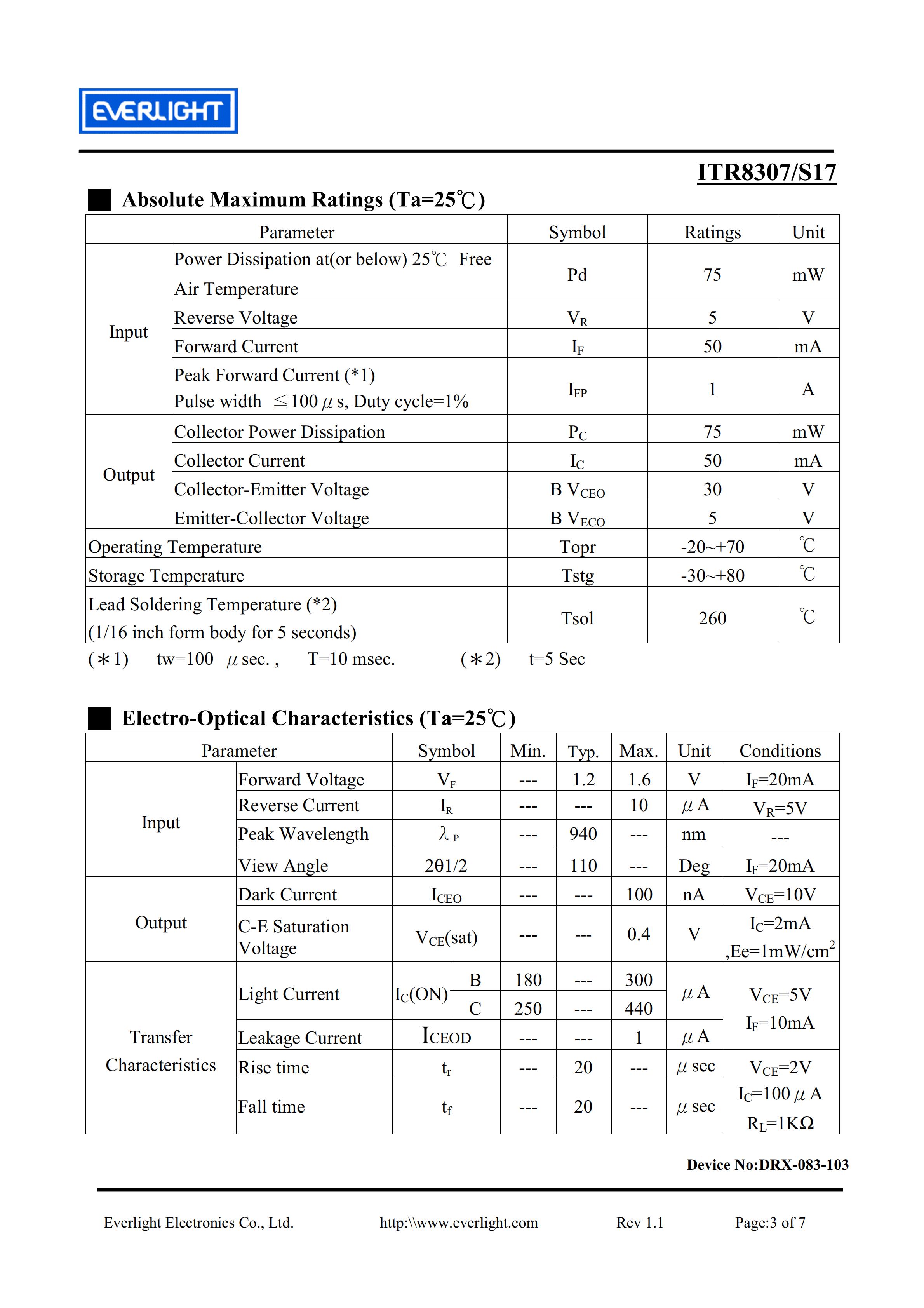 亿光直插反射式光电开关ITR8307-S17传感器参数及规格书(PDF 数据表)